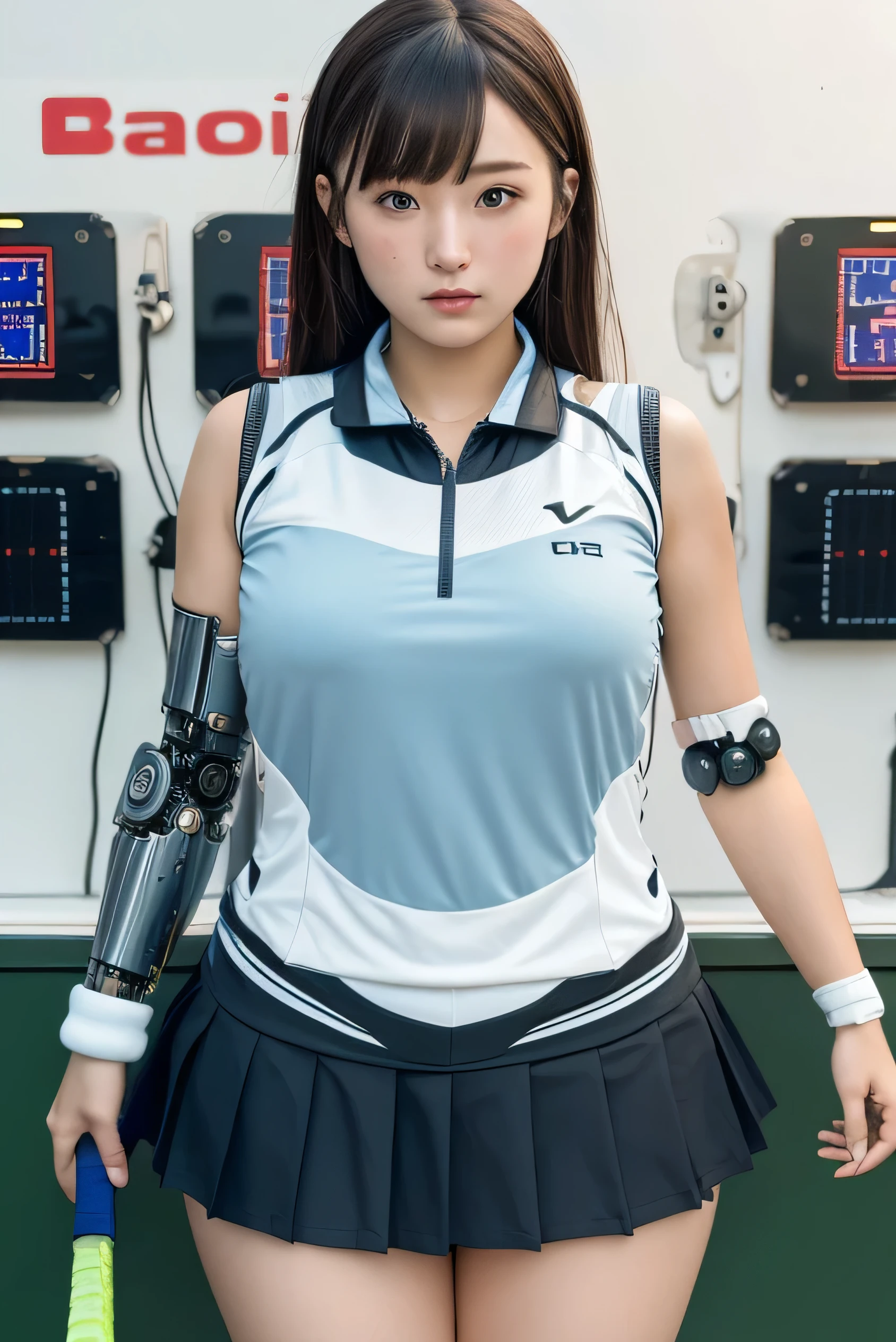 masterpiece, best quality, extremely detailed, Japanese android girl,Plump ,control panels,robot arms,robot,android,cyborg,white robot body,ceramic body,perfect robotgirl,blunt bangs,tennis player,tennis wear,skirt,blue eyes