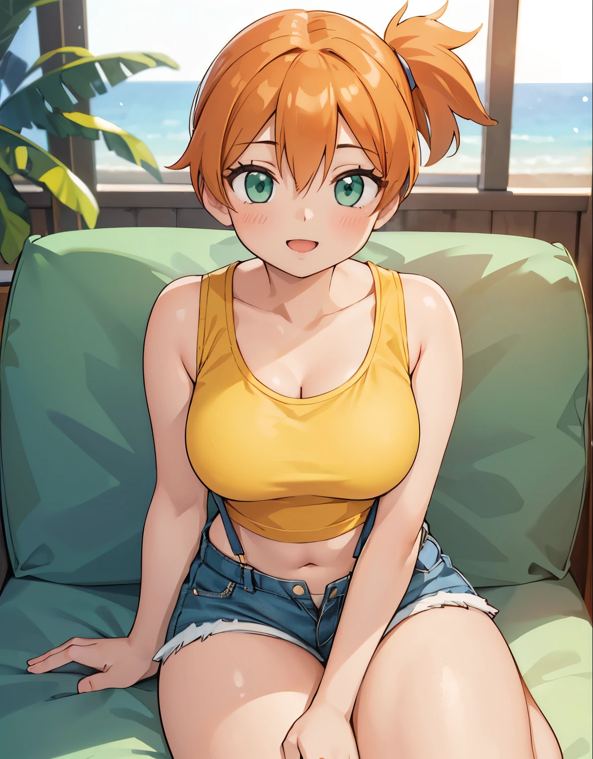 (best quality,4k,8k,highres,masterpiece:1.2), ultra-detailed, realistic:1.37, HDR, studio lighting, vivid colors, bokeh, baking, unattached beautiful girl, a girl lying on a beach chair, drinking a tropical cocktail,beautiful detailed eyes,beautiful detailed lips,extremely detailed eyes and face,long eyelashes, with a lovestruck gaze, (photorealistic:1.37), with (best quality,4k,8k,highres,masterpiece:1.2), misty, 1girl, breasts, looking_at_viewer, short_hair, closed_mouth, bangs, navel, hair_between_eyes, bare_shoulders, sitting, green_eyes, full_body, lying, sleeveless, midriff, orange_hair, side_ponytail, crop_top, looking_to_the_side, eyelashes, bare_legs, sleeveless_shirt, leaning_forward, arm_support, suspenders, tank_top, denim_shorts, yellow_shirt, hair_tie, green_shorts, suspender_shorts, yellow_tank_top, down blouse, body shape, chubby thighs, thick thighs, open mouth, smile, ultra-detailed description, capturing every exquisite detail of her appearance. Her eyes are mesmerizing, with long curled lashes, glistening in the light. Her lips are perfectly shaped, with a subtle hint of a smile. She is dressed elegantly in a flowing dress, radiating grace and charm. The scene is bathed in warm and romantic lighting, creating a captivating ambiance. The artwork possesses a fusion of realism and artistic flair, resulting in a masterpiece that showcases the emotions of love and admiration.