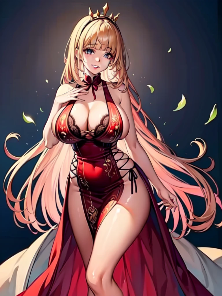 ((Anime art style)),(masterpiece),(Highest quality), (Very detailed),((Very delicate and beautiful)),((alone)),((whole body)),((1 princess in a gorgeous Victorian dress)),Lots of frills,Detailed face and eyes,Jewel-like eyes,((There is a volume and、Very long straight hair)),((Gorgeous embroidery and lace)),Gorgeous corsage,See through,gorgeous hair accessory,Gorgeous sparkling jewel tiara,Gorgeous frills,((Huge breasts,Long chest)),Skin dents,((whole body)),((Skirt of Hope,crinoline)),Standing pose,Dynamic Angle,Show Viewer,Royal Victoria Palace,(((A gorgeous Victorian dress with rich embroidery)),whole body,Big Breasts, Grin、With a creepy smile, A smile with downturned corners,View your audience, blush, Open your mouth,Please place your hand on your chest