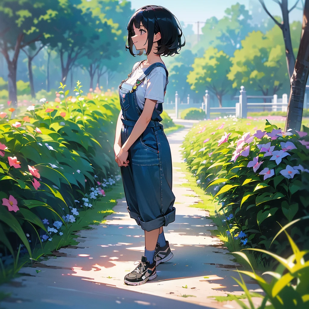 (high quality, High resolution, Very detailed, reality:1.37), Peaceful atmosphere, (Outdoor, garden), Teenage girl standing alone, (my breasts are big.), Beautiful details, Cute Smile, (Black bob hair), Short sleeve shirt, Overalls, Blue socks, sneakers.