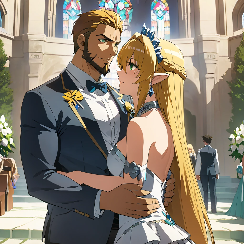 ((Highest quality)), ((masterpiece)), (detailed), (Perfect Face)、The woman is Tearju, with green eyes, medium-long blonde hair, and is wearing the costume of Princess Zelda of Hyrule.、The woman is happily embracing the man, King Ganondorf, as they hold their wedding ceremony in a luxurious church.、The man was King Ganondorf, a dignified, muscular man with dark skin and a beard.