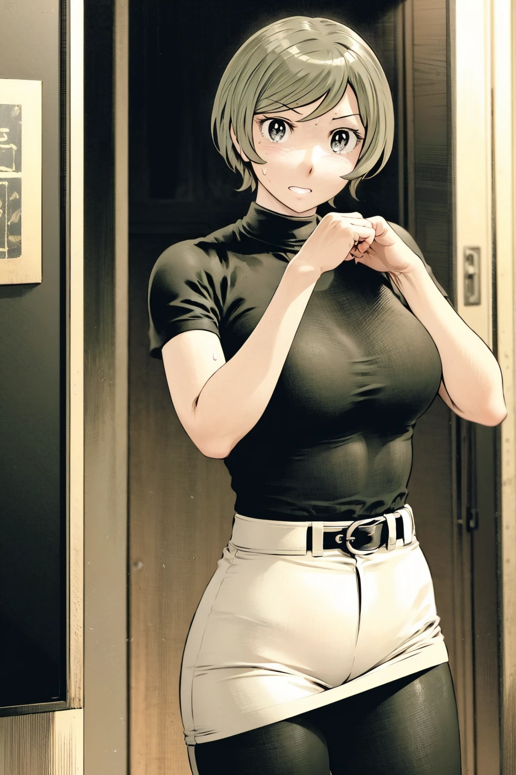 、(masterpiece、Highest quality)、Highest quality, Ultra-high resolution, (((masterpiece))), alone, Sweat、Big eyes,Tight black shirt、Tight white pants、belt、indoor、Composition from the front、（後ろCut your hair short、short hair、blonde、woman）、Shortcuts、Embarrassed face、Cut your hair short、可愛いwomanの子、Big Breasts、office