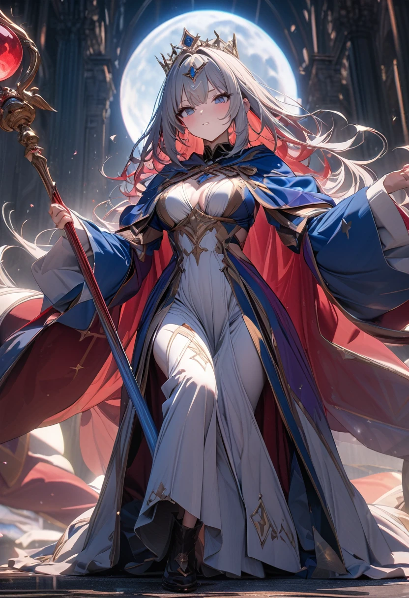 masterpiece, 8k, best quality, highly detailed, a red & blue magical robe & royal staff with a moon motif