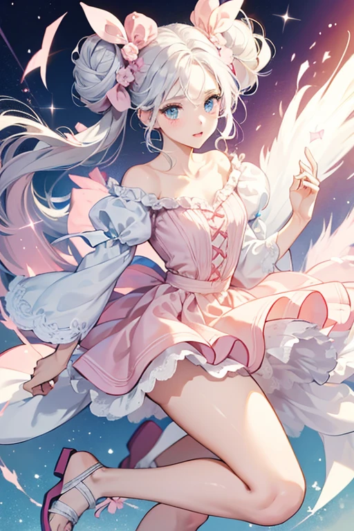 Breeze E. is a fair-skinned girl with pale pink cheeks and light blue button eyes. She has a white star next to her left eye. Her white hair has streaks of pale pink through it. It is worn pulled up into curly buns, each held with a pale pink bow. She wears a pale pink silk dress with pale pink tulle on top of it and a long silver ribbon tied around her torso. She wears silver sandals with straps at her ankles. SPARKLE; GLITTER;