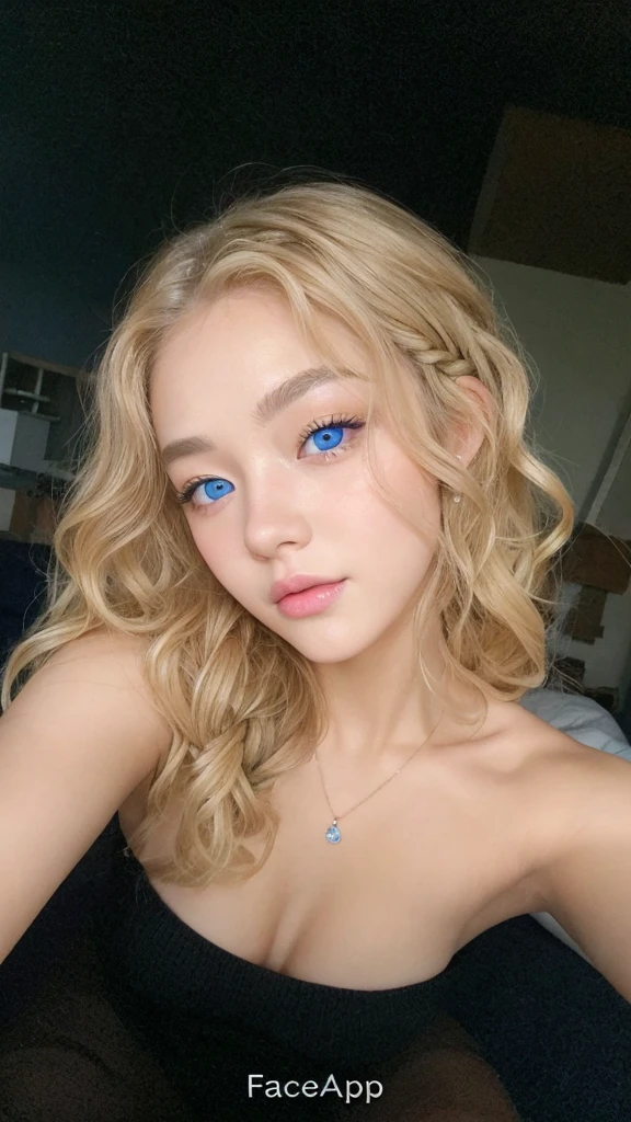 girl with korean face,blonde curly hair with a braid, clear blue eyes, no-makeup, mouth and eyebrows with bright colors, top quality picture.