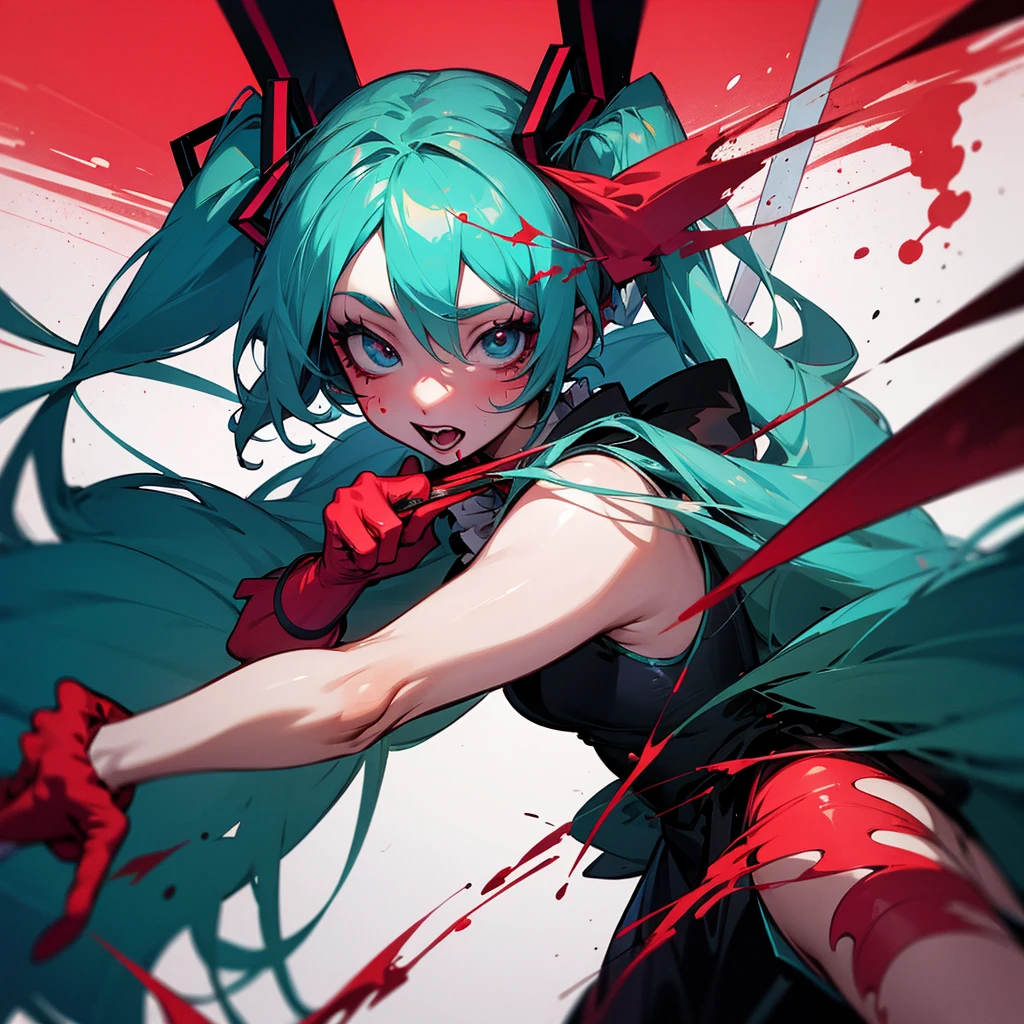 hatsune miku with clown makeup, covered in blood, holding machete