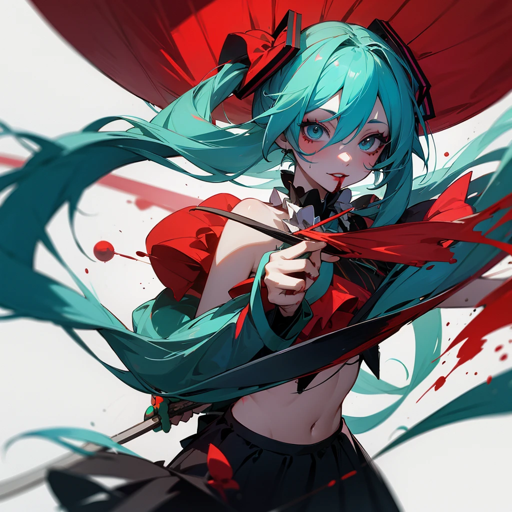 hatsune miku with clown makeup, clown suit, covered in blood, holding machete, circus on background