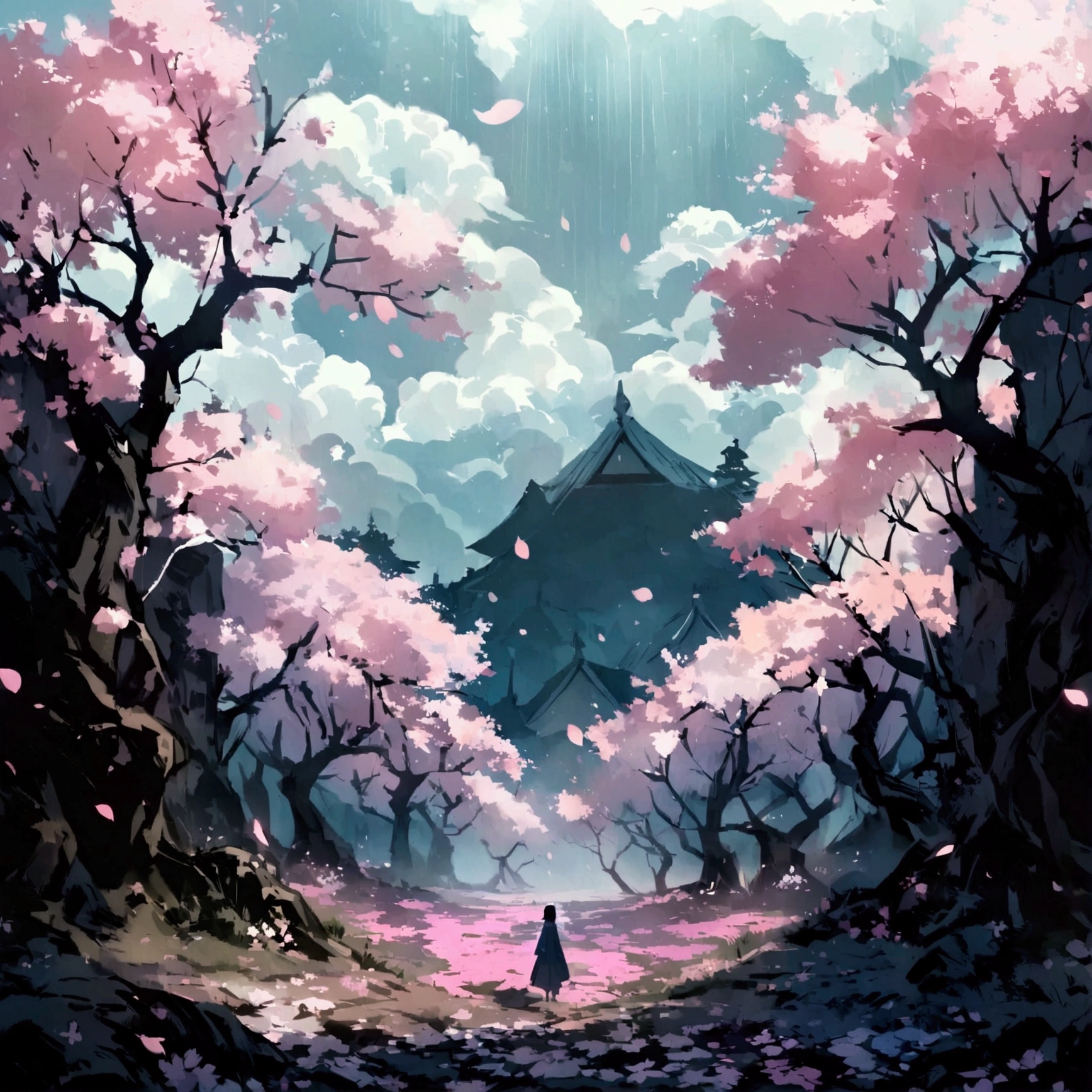 On a cloudy and gloomy day, with dense clouds blocking almost all sunlight, the landscape is dominated by ancient and twisted cherry blossom trees. Their pale pink flowers contrast with the dark environment, some falling slowly to the ground, creating a delicate carpet over the barren, dark soil. A gentle wind sways the flowers and makes some petals float in the air. The shadows of the trees create distorted shapes on the ground, enhancing the sense of mystery and desolation. The scene's lighting uses dark contrasts, with deep shadows and points of light highlighting the cherry blossoms, resulting in a dramatically impactful image.