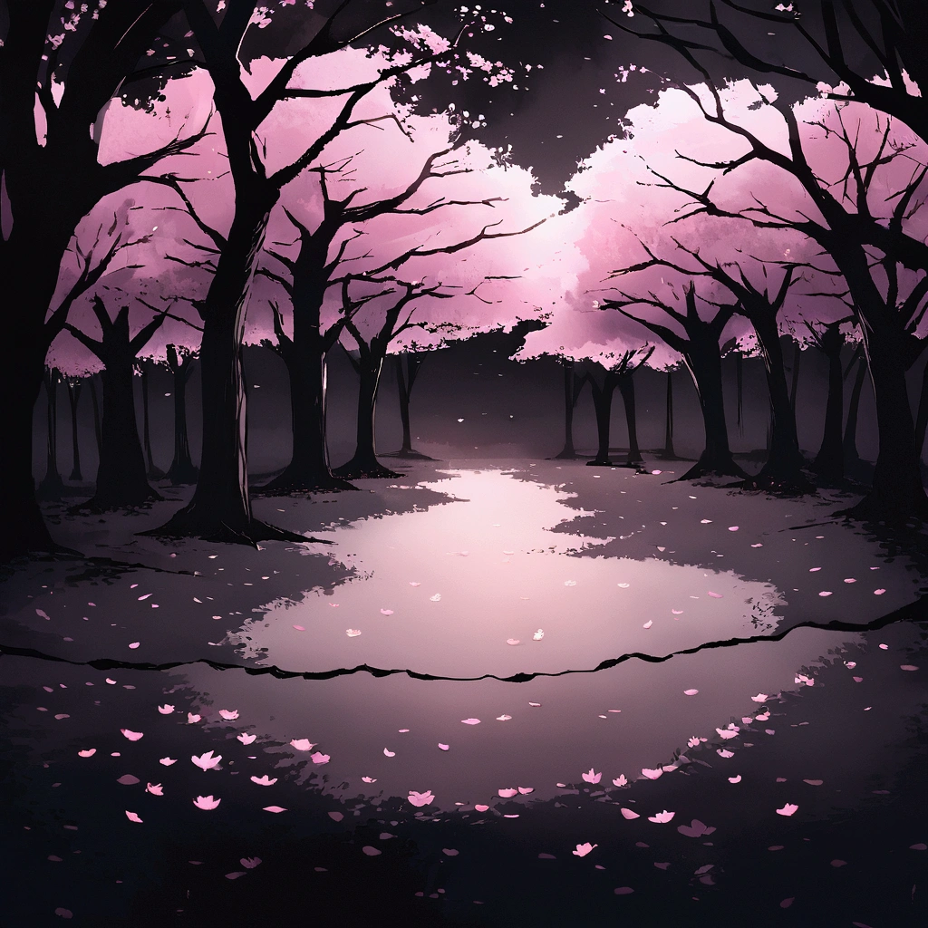 On a cloudy and gloomy day, with dense clouds blocking almost all sunlight, the landscape is dominated by ancient and twisted cherry blossom trees. Their pale pink flowers contrast with the dark environment, some falling slowly to the ground, creating a delicate carpet over the barren, dark soil. A gentle wind sways the flowers and makes some petals float in the air. The shadows of the trees create distorted shapes on the ground, enhancing the sense of mystery and desolation. The scene's lighting uses dark contrasts, with deep shadows and points of light highlighting the cherry blossoms, resulting in a dramatically impactful image.