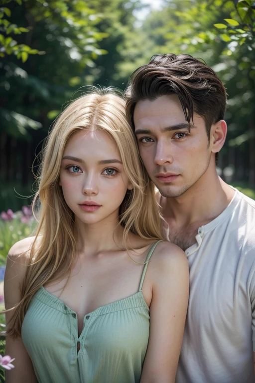 work of art, best qualityer, cinematic photo of 26 year old model and 36 year old man,the two separated and sad about the end of their relationship,well dressed man, [[[[decote em close]]]], [[[[boobgasmo]]]], [[[[necklase]]]], [[[[shoulders]]]], perfects eyes, Perfect iris，perfect lips，perfekt teeth，perfect  skin，with light skin，frontal soft light，hdr，movie girl，hair blonde，Pure blonde hair，casual，The background is outdoors，Green trees and flowers，（pastel colored：1.2）, fot, film, high resolution