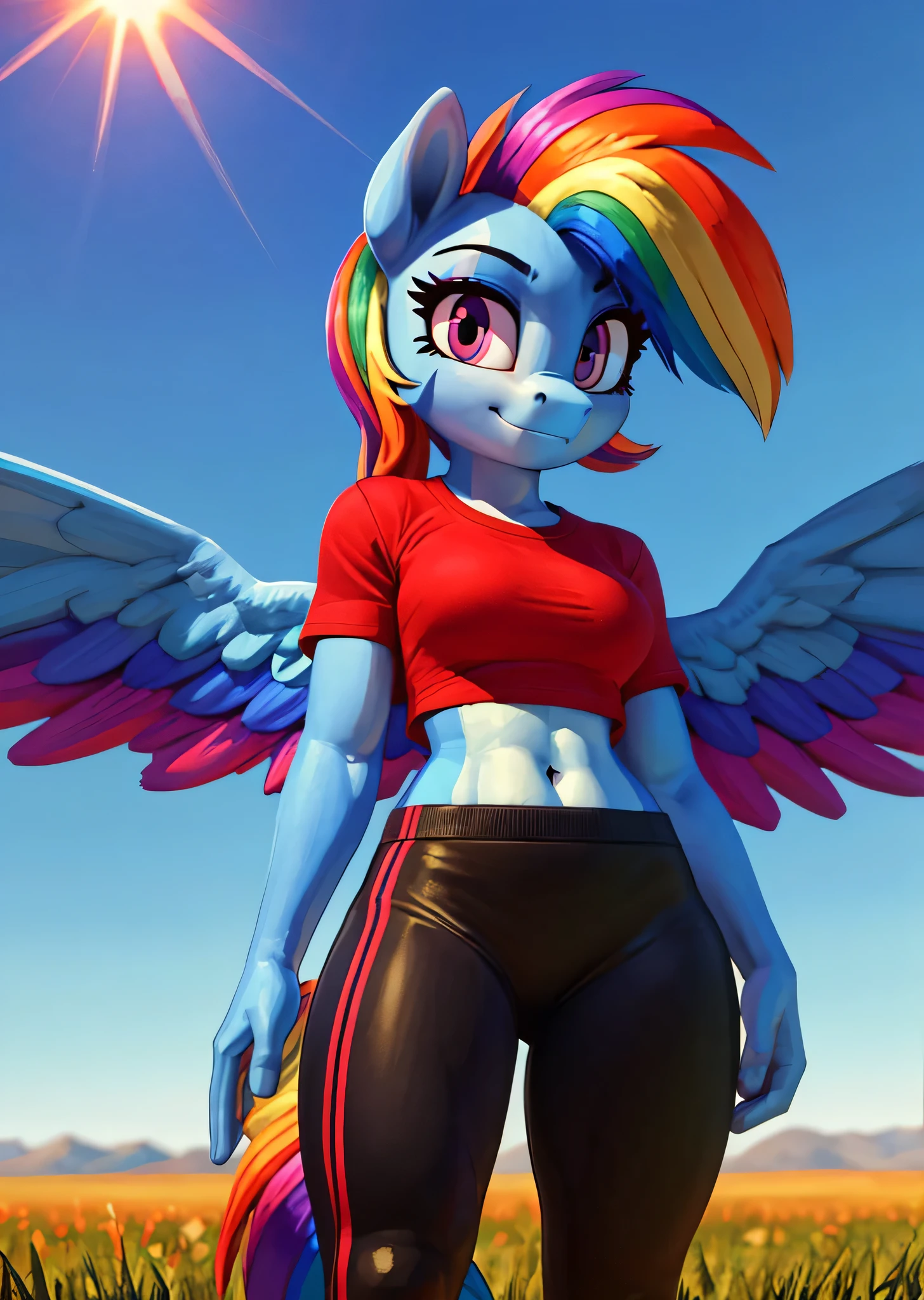 [rainbow dash], [Uploaded to e621.net; (siden), (Pixelsketcher), (mayosplash), (wamudraws)], ((masterpiece)), ((HD)), ((high res)), ((solo portrait)), ((waist up)), ((front view)), ((low angle view)), ((pony; anthro)), ((detailed fur)), ((detailed shading)), ((beautiful render art)), ((intricate details)), {anthro horse; slim figure, blue fur, horse snout, cute magenta eyes, short eyelashes, multi tone long hair, long rainbow-colored hair, light-blue pegasus wings, toned figure, curvy hips, beautiful legs, cute smirk}, {red tee shirt, short sleeves, navel, black spandex yoga pants}, {looking at viewer}, [ambient lighting, grass plains, sun rays]