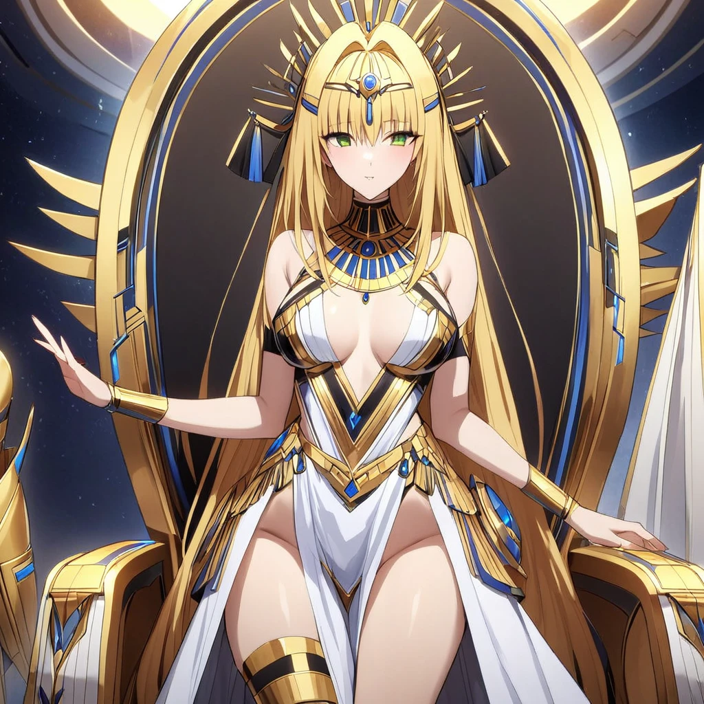 ((Highest quality)), ((masterpiece)), (detailed), (Perfect Face)、The woman is Queen Tiare of Egypt in the near future. She has green eyes, blonde medium-long hair, and dark skin. She is wearing the luxurious clothing of Egyptian royalty in the near future and reigns on the throne of Egypt in the near future.