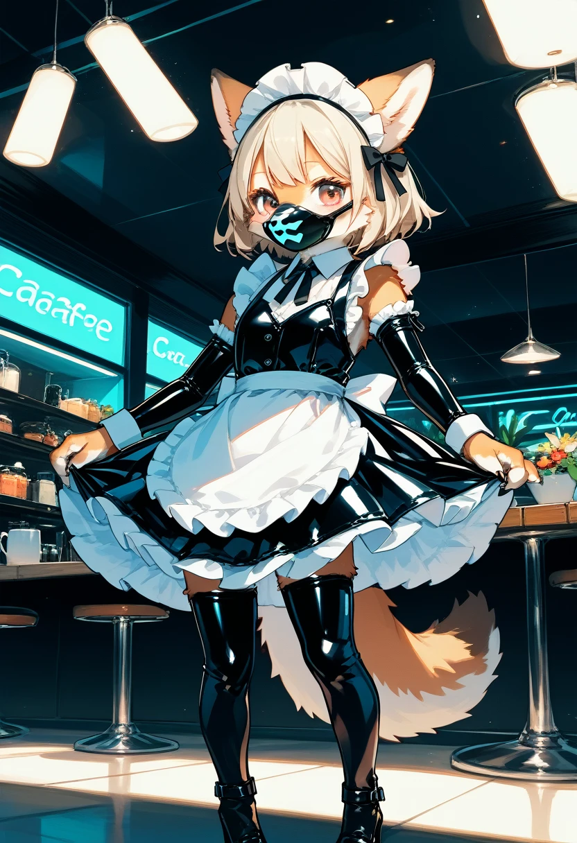 Highest quality, Highest quality, High quality illustrations, masterpiece, Ultra-high resolution, Detailed Background, maid Cafe, Absurd, Perfect Anatomy, performance, Good lighting, Shadows in the movies(kemono, Furry Personifi猫ion), Rubber suit, Rubber suit, latex, neon, neonライト, neonカラー, Rubber maid outfit, ribbon, Rubber mask
