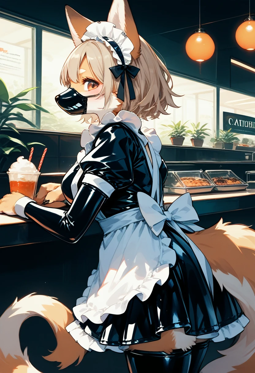 Highest quality, Highest quality, High quality illustrations, masterpiece, Ultra-high resolution, Detailed Background, maid Cafe, Absurd, Perfect Anatomy, performance, Good lighting, Shadows in the movies(kemono, Furry Personifi猫ion), Rubber suit, Rubber suit, latex, neon, neonライト, neonカラー, Rubber maid outfit, ribbon, Rubber mask