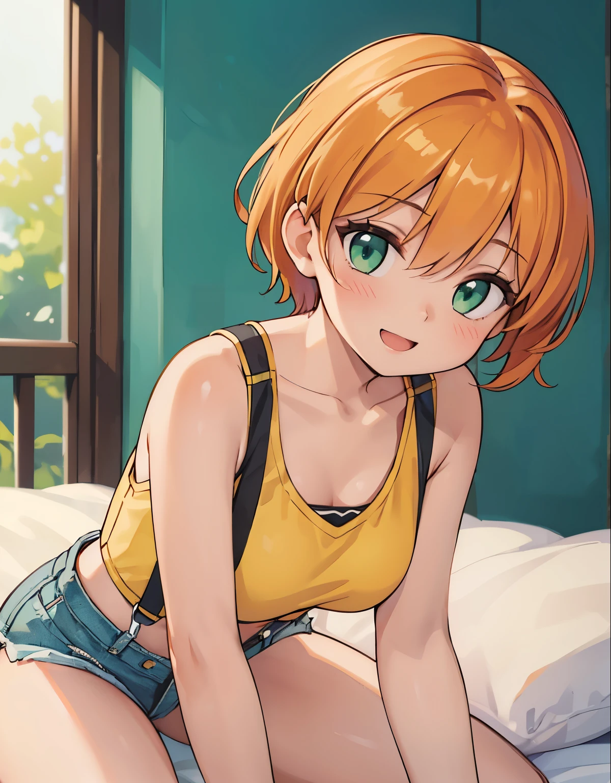 (best quality,4k,8k,highres,masterpiece:1.2), ultra-detailed, realistic:1.37, HDR, studio lighting, vivid colors, bokeh, baking, unattached beautiful girl, a girl lying on a bed, hotel room,beautiful detailed eyes,beautiful detailed lips,extremely detailed eyes and face,long eyelashes, with a lovestruck gaze, (photorealistic:1.37), with (best quality,4k,8k,highres,masterpiece:1.2), misty, 1girl, breasts, looking_at_viewer, short_hair, closed_mouth, bangs, navel, hair_between_eyes, bare_shoulders, sitting, green_eyes, full_body, lying, sleeveless, midriff, orange_hair, side_ponytail, crop_top, looking_to_the_side, eyelashes, bare_legs, sleeveless_shirt, leaning_forward, arm_support, suspenders, tank_top, denim_shorts, yellow_shirt, hair_tie, green_shorts, suspender_shorts, yellow_tank_top, down blouse, body shape, chubby thighs, thick thighs, open mouth, smile, ultra-detailed description, capturing every exquisite detail of her appearance. Her eyes are mesmerizing, with long curled lashes, glistening in the light. Her lips are perfectly shaped, with a subtle hint of a smile. She is dressed elegantly in a flowing dress, radiating grace and charm. The scene is bathed in warm and romantic lighting, creating a captivating ambiance. The artwork possesses a fusion of realism and artistic flair, resulting in a masterpiece that showcases the emotions of love and admiration.