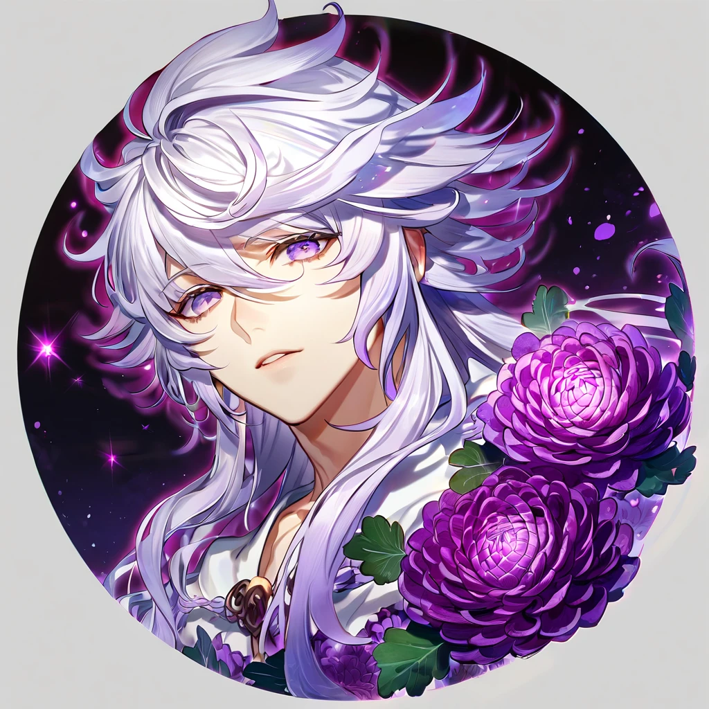 Ultra detailed, HDR, Highres, absurdres, master piece, Merlin, white long hair, expressive light purple eyes, Fate Grand Order, handsome, sexy man, solo, white tunic, purple water, fantasy, magical, purple Chrysanthemum flowers, purple aura, purple petals, best quality, purple fireflies, shining fireflies, purple moon, glittering, white cape