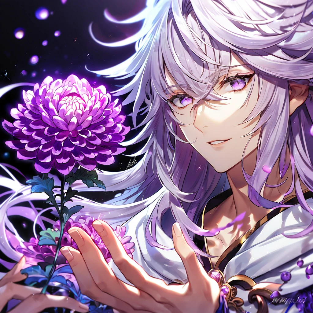 Ultra detailed, HDR, Highres, absurdres, master piece, Merlin, white long hair, expressive light purple eyes, Fate Grand Order, handsome, sexy man, solo, white tunic, purple water, fantasy, magical, purple Chrysanthemum flowers, purple aura, purple petals, best quality, purple fireflies, shining fireflies, purple moon, glittering, white cape