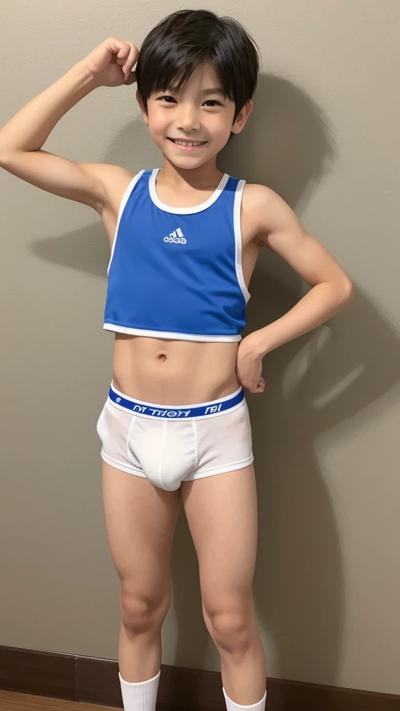 Two Japanese boys、、very short stature,、Slightly developed muscles and smooth skin、Sporty Very Short Hair、A friendly smile with an open mouth、The active pose and short limbs give the figure a childlike impression.、Thin white flashy briefs、Pose your muscles at home、Although he is short、A slightly toned young body、the whole body looks good、Hands on hips、Short limbs、he is short