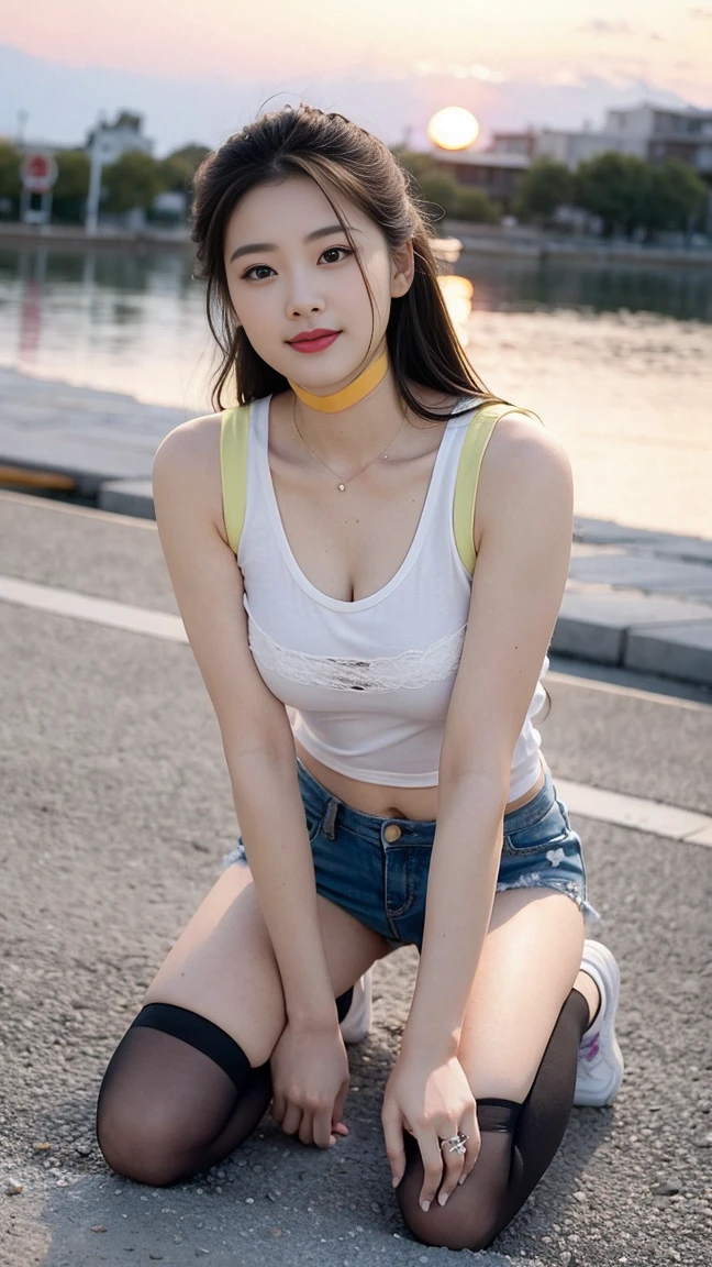 Photo quality,Masterpiece,Realistic,(14 year old cute Japanese girl:1.9),(Detailed young face:1.9),(Very embarrassed look:1.9),(Thin legs:1.9),((wear open-chested clothes:1.9)),(Raise one leg:1.9),(Taking photos at the Comiket venue,Inner thigh visible:1.9),((Droopy eyes:1.9)),((Body type of a 14 year old girl,Small Tits:1.9)),(Cute trendy hairstyle:1.9),((Skinny Legs)),Very pale skin,Show your forehead,Detailed body,Detailed hands,No makeup
