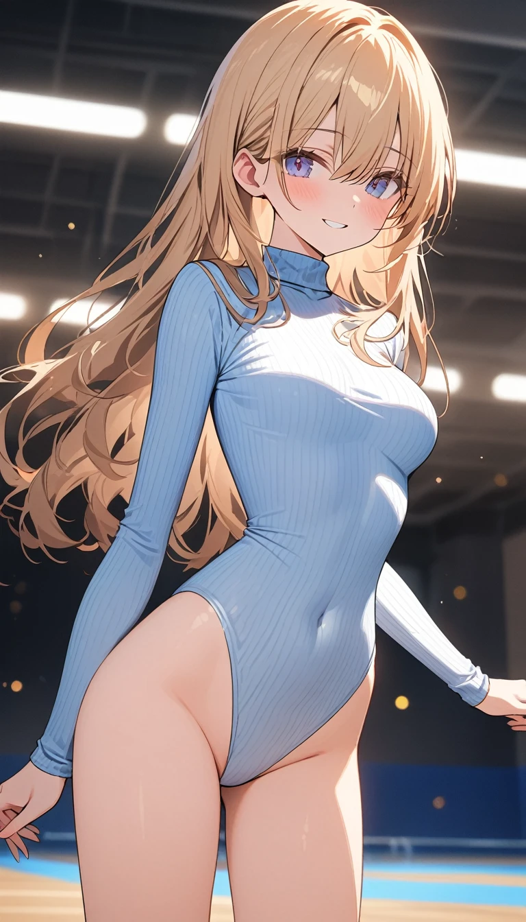 highquality illustration, masterpiece, very delicate and beautiful, attractive girl,(colorful leotard, heattech leotard,tight leotard,long_sleeve leotard,ribbed leotard,high_leg leotard,turtleneck leotard), thin,slender body,slim,gymnastics club,gymnastics athlete,bare legs,gymnasium background,beautiful eyes, light smile,(masterpiece, best quality:1.2), highres, extremely detailed CG unity 8k wallpaper, perfect lighting, Colourful, ultra-high res,4K,ultra-detailed, photography, 8K, HDR,  17 ages,cowboy shot,