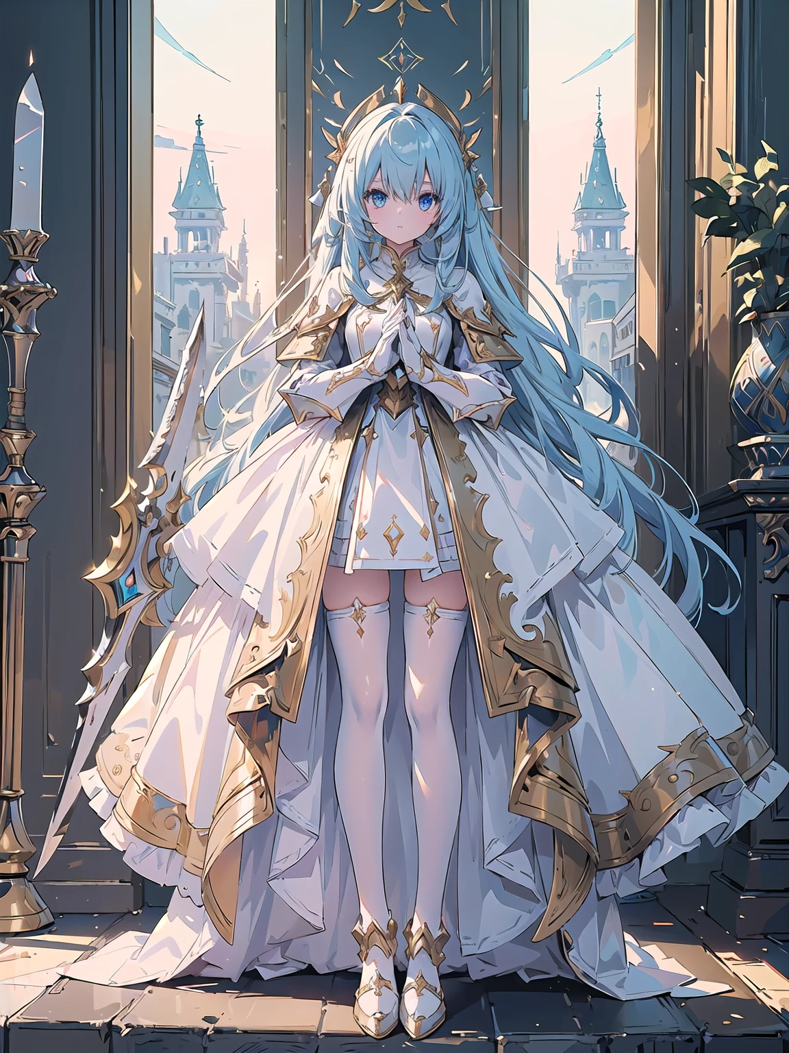 (((masterpiece, best quality, high detailed, 8k))) Design a layout showcase Gaming character, (1girl). White|Gold clothes, stylish and unique. ((showcase weapon:1.4)), holy scepter. (masterpiece:1.2), (best quality), 4k, ultra-detailed. (Step by step design, layout art:1.5), (luminous lighting, atmospheric lighting). priestess, ((glove full hands)), (((revealing clothes:1.3))), vambraces, armored legwear, (((full_body_shot:1.4))). {In a sacred temple}.

