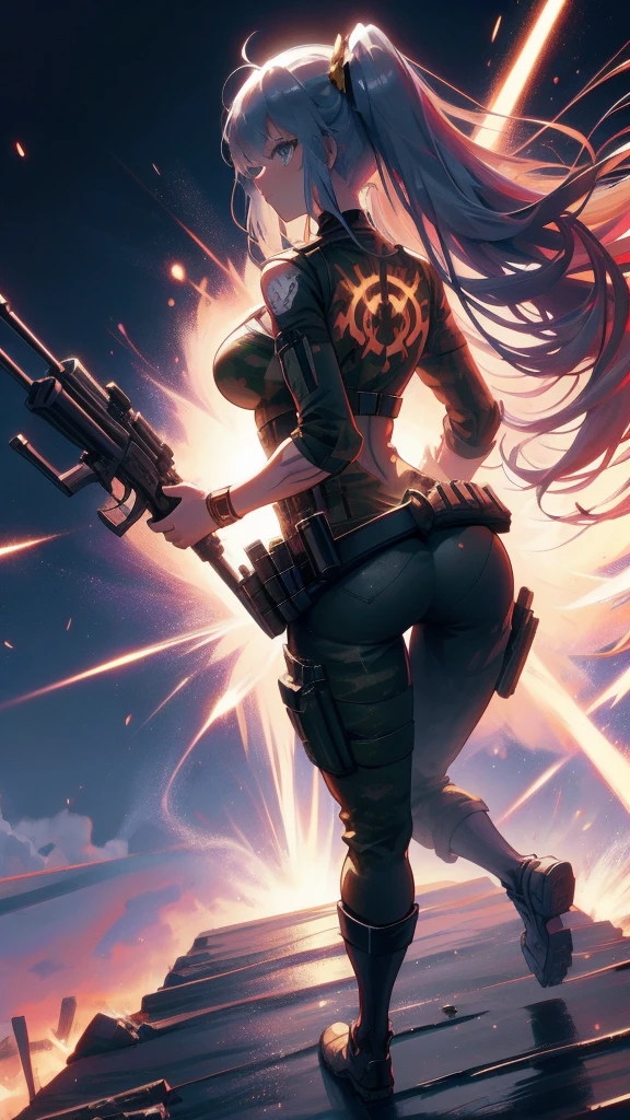 woman, mercenary expression, carrying huge sniper rifle, western guns, camouflage pants, silver hair, long ponytail, broken muscles, dark skin, curly hair, pronounced waist, thick thighs, tight butt, background of the Amazon jungle, High definition, RTX lighting, full body focus, gold frame, shot from the back.