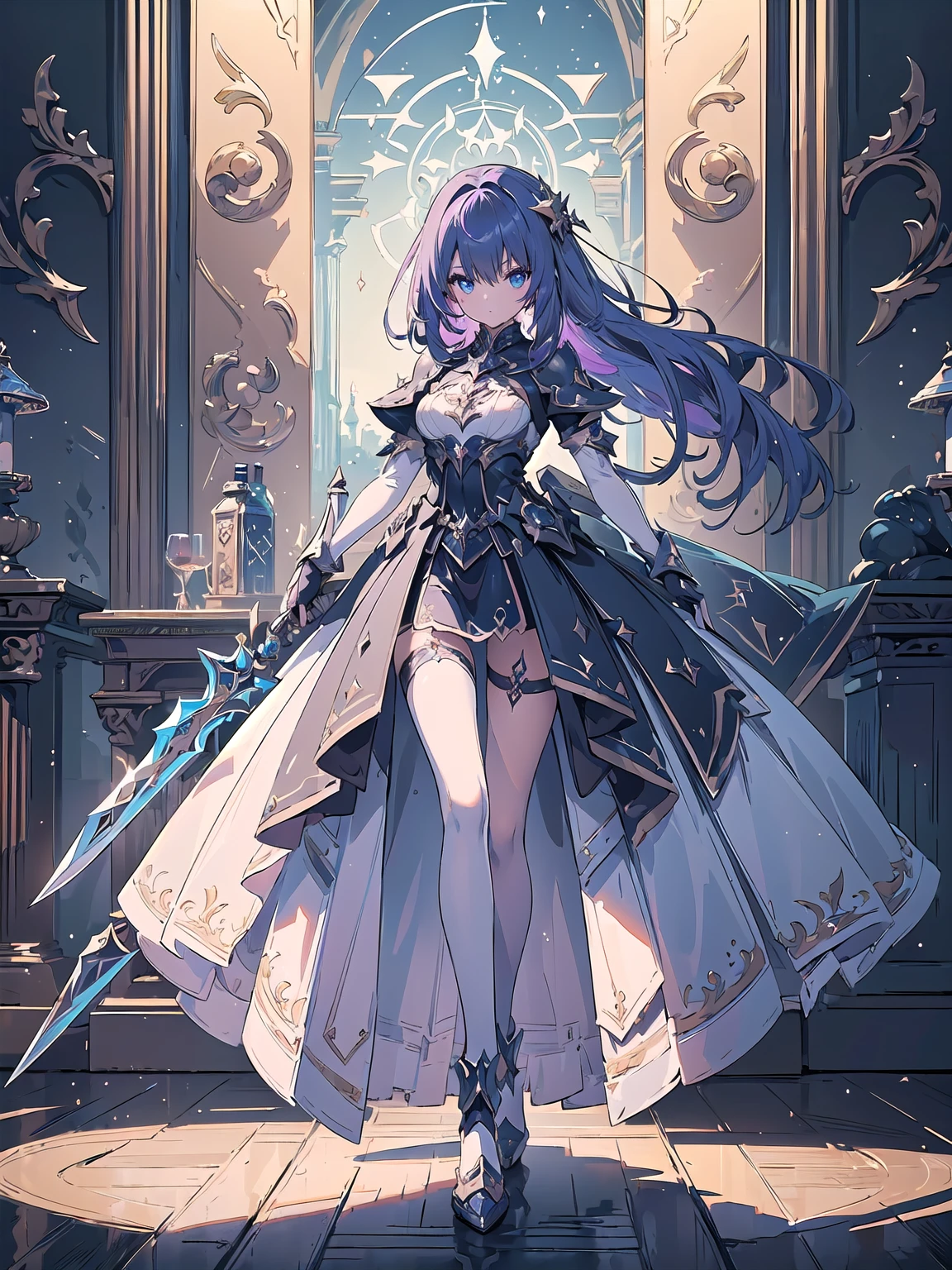 (((masterpiece, best quality, high detailed, 8k))) Design a layout showcase Gaming character, (1girl). Purple|Silver clothes, stylish and unique. ((showcase weapon:1.4)), magical orb. (masterpiece:1.2), (best quality), 4k, ultra-detailed. (Step by step design, layout art:1.5), (luminous lighting, atmospheric lighting). sorceress, ((glove full hands)), (((revealing clothes:1.3))), vambraces, armored legwear, (((full_body_shot:1.4))). {In an enchanted castle}.