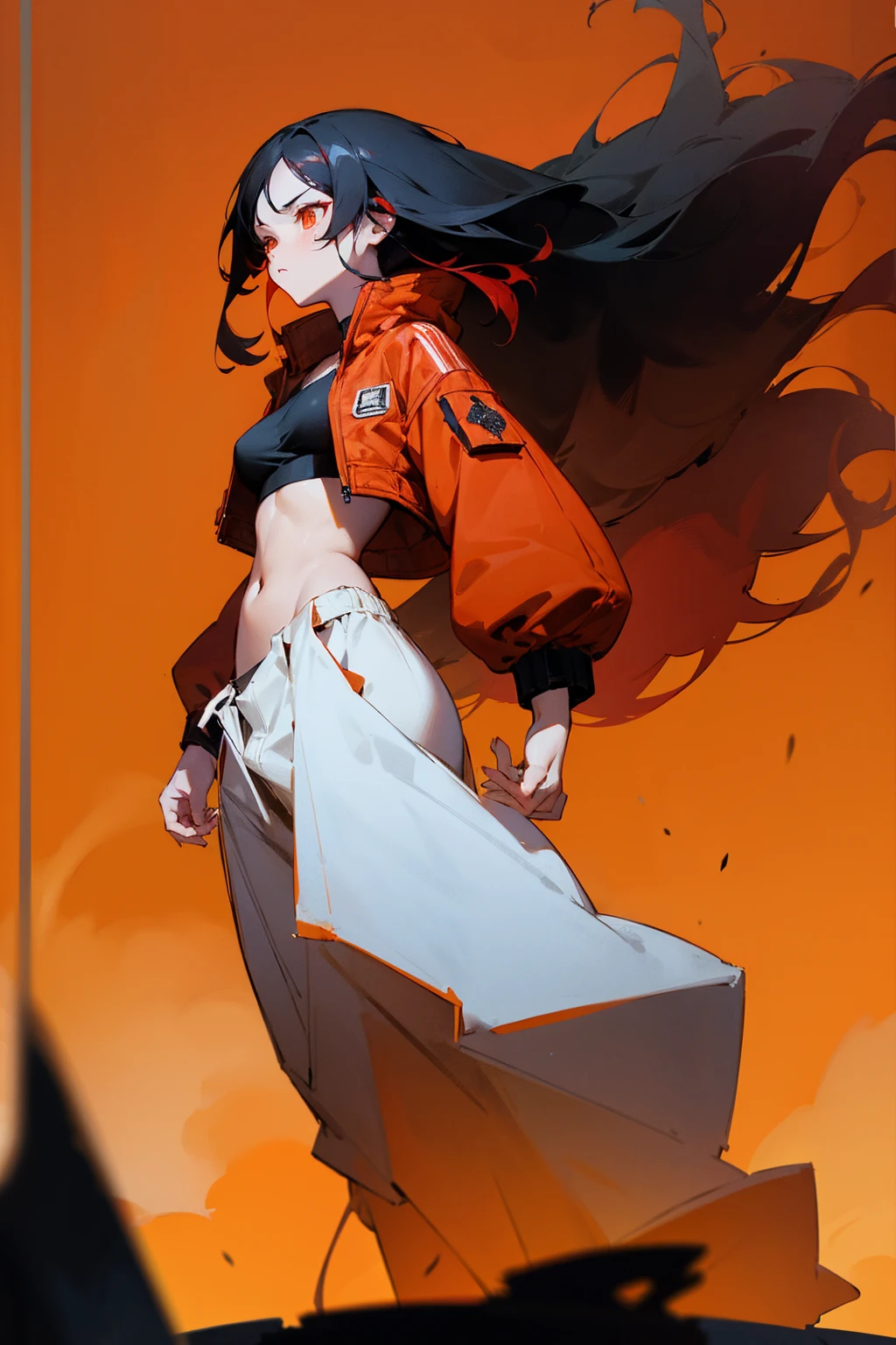 1 Female, Black Hair, long flowing hair, fiery red hair, Red-orange eyes, Crimson jacket, White crop top, Black baggy pants, Urban Background, Detailed Background, Hands at your side, standing on the path