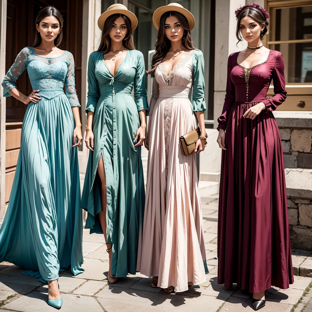 Same women wearing 3 different time line outfit. 1 from 1880 outfit, one from 1980 outfit, one from 2180 outfit