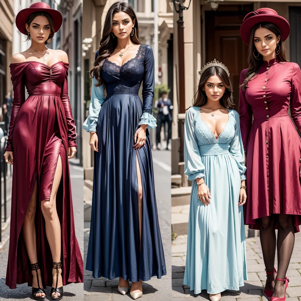 a group of beautiful princesses, dressed for a royal ball (ballgowns, long gloves, tiaras), dancing in the street at night in the rain, wet hair, wet dresses (((drenched))) (((soaked))) (((dishevelled))) (((clinging)))