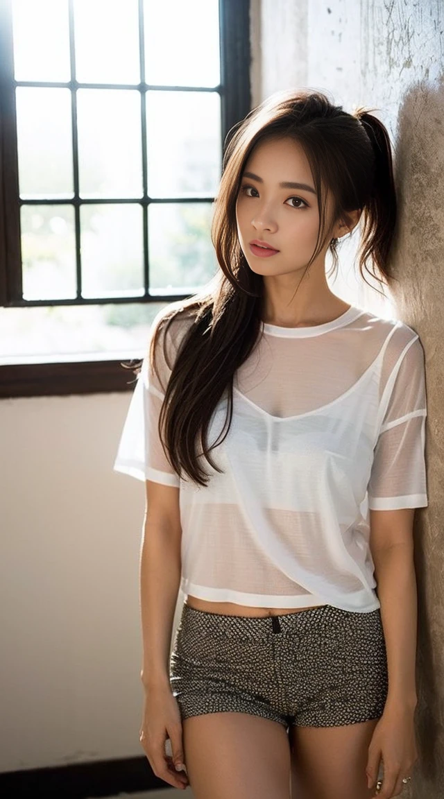 Dark brown hair、Light brown eyes、Japanese actress、 Lady、I am about 40 years old.........、(Intricate details:1.2)、 (Ultra-high resolution:1.2)、Ultra-high resolution、(Finely tuned)、(Detailed facial features)、Hmph、8K resolution、D cup size breasts、Long Hair、Bright terrace room with sunlight streaming in、Large windows、Extravagant space、relax、、,Full body photo、Head to toe shot、Beautiful feet、black Loose fit openwork T-shirt、Underwear shorts、Beautiful feet、Bright terrace room with sunlight streaming in、she, household items, (plant:0.8), Fashion Hub, Very detailed, Very detailed, Realistic, Hourglass Shaped Body, Obscene pose,、Messy Hair、Messy ponytail、Leaning against a wall、I cry a lot、tears、Skin is visible through the knit、White floor、White wall、A masterpiece of transparent painting、