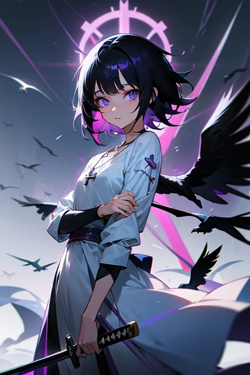 Anime girl holding sword katana, anime, short black hair with neon purple highlights, hair is above shoulder height, smooth beautiful, 4k, anime art, pendant on hair, cross t necklace, vivid white dress, crows in white scenery,beautiful eyes