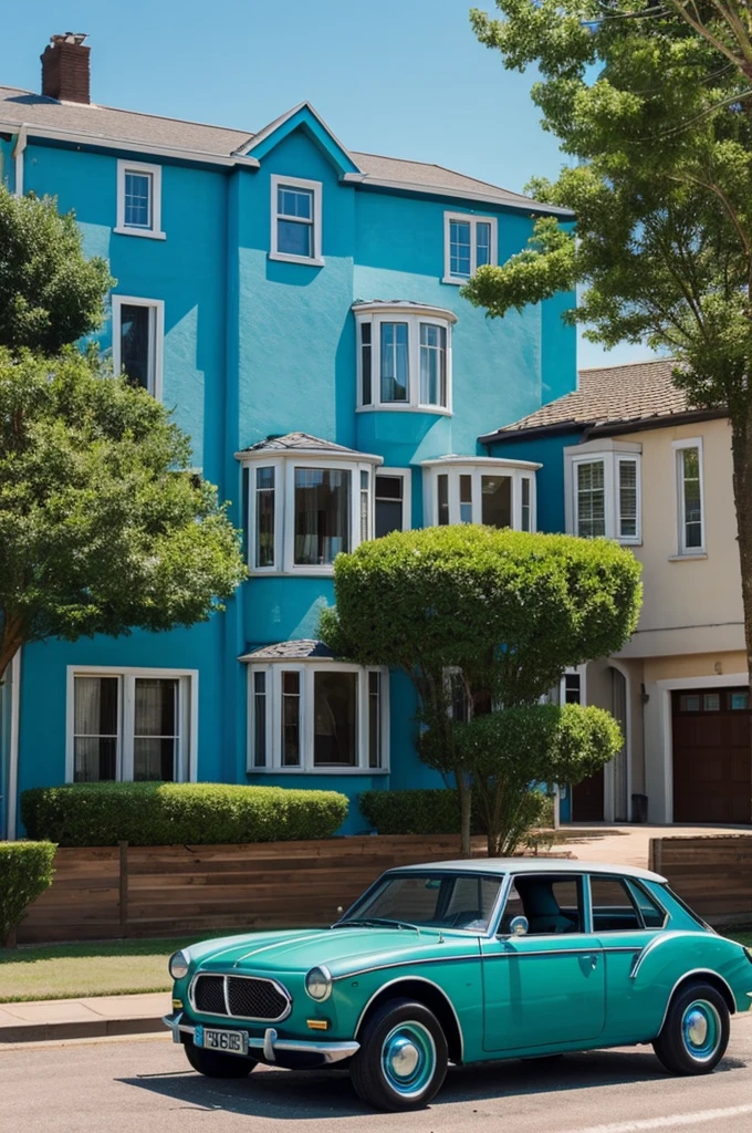 make a green car with a blue sky blue houses and tuxedo cats