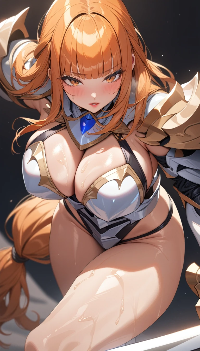 1girl,solo,super detailed skin,shiny skin,oily skin,natural face,eyelashes,gleaming lips,orange hair,blunt bangs,low-tied hair ,large breasts,bikini armor ,paladin,open stance,long sword ,simple background,masterpiece,best quality,ultra detailed,high resolution,sharp focus,depth of field