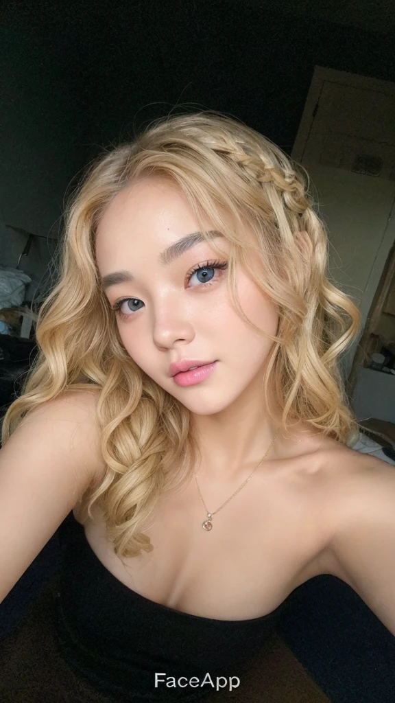 girl with korean face,blonde curly hair with a braid, no-makeup, mouth and eyebrows with bright colors, top quality picture.