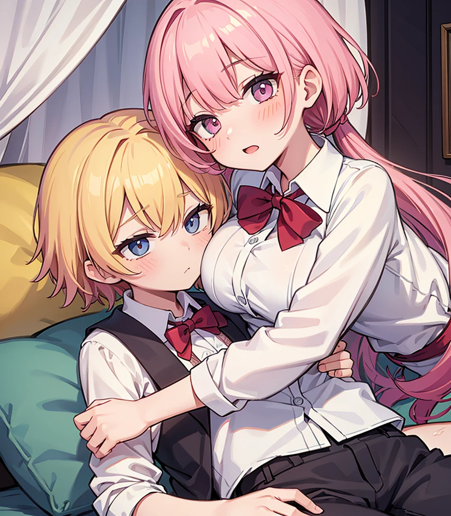 masterpiece, Highest quality, so beautiful, absurdists,High resolution,One girl, One boy,Cuddling in bed, like,sexly,Look at each one, blush,Age difference,bow tie,blondes,chest,Long Hair,Pink Hair,Tucked in shirt,short hair,skirt,Tent shirt,Slut,Big breasted sister and brother,Siblings, trousers,Pushing her big tits against her brother,(My brother's small erect penis),((((姉のvery huge breasts,Sister crushes her big tits in her brother's face)))),(((((Very huge breasts))))),(((((small penis,NSFW,Soft Very HUGE breasts))))),((Bursting Breasts,弟の顔を隠すHuge breasts)),((((((((Huge breasts,Large Breasts,とてもLarge Breasts、すごくLarge Breasts、とてつもなくLarge Breasts)))))))),Two people gazing at each other,puffy nipples