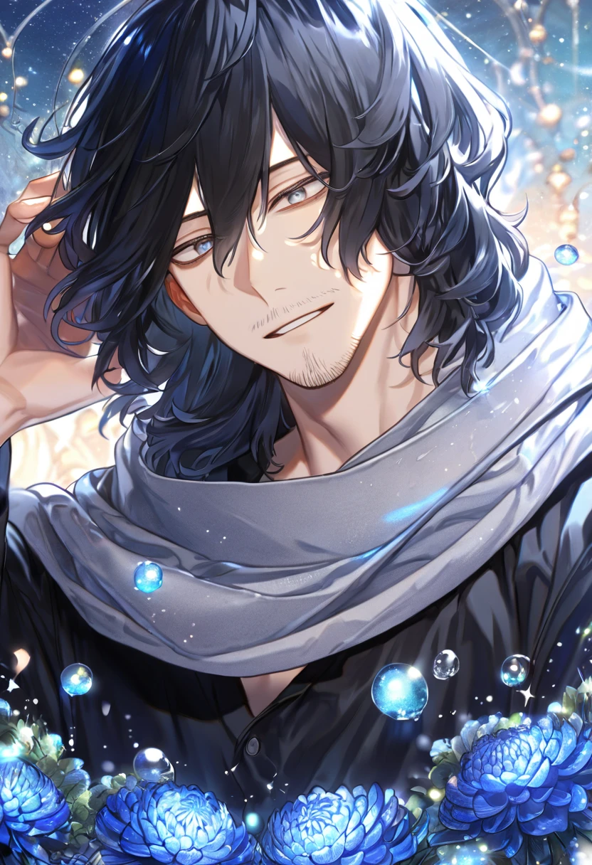 absurdres, highres, ultra detailed, HDR, master piece, best quality, extremely detailed, Eraser Head, black hair, medium hair, faint beard, expressive gray eyes, Boku No Hero Academia, solo, sexy man, handsome, handsome smile, gray scarf, black shirt, fantasy, water, sparkling, blue glittering fireflies, blue moon, blue blossoms, blue chrysanthemums, blue sparkling lights, starry sky