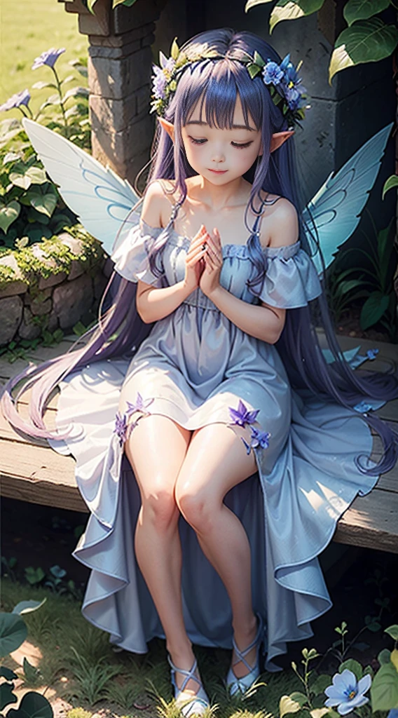 cute little fairy angel wings blue and purple gradient long hair pointy ears flower crown dress made of leaves leaf dress lots of flowers leaves sitting on a big leaf leaves big flower flower crown sunlight sitting sparkling light smiling gently