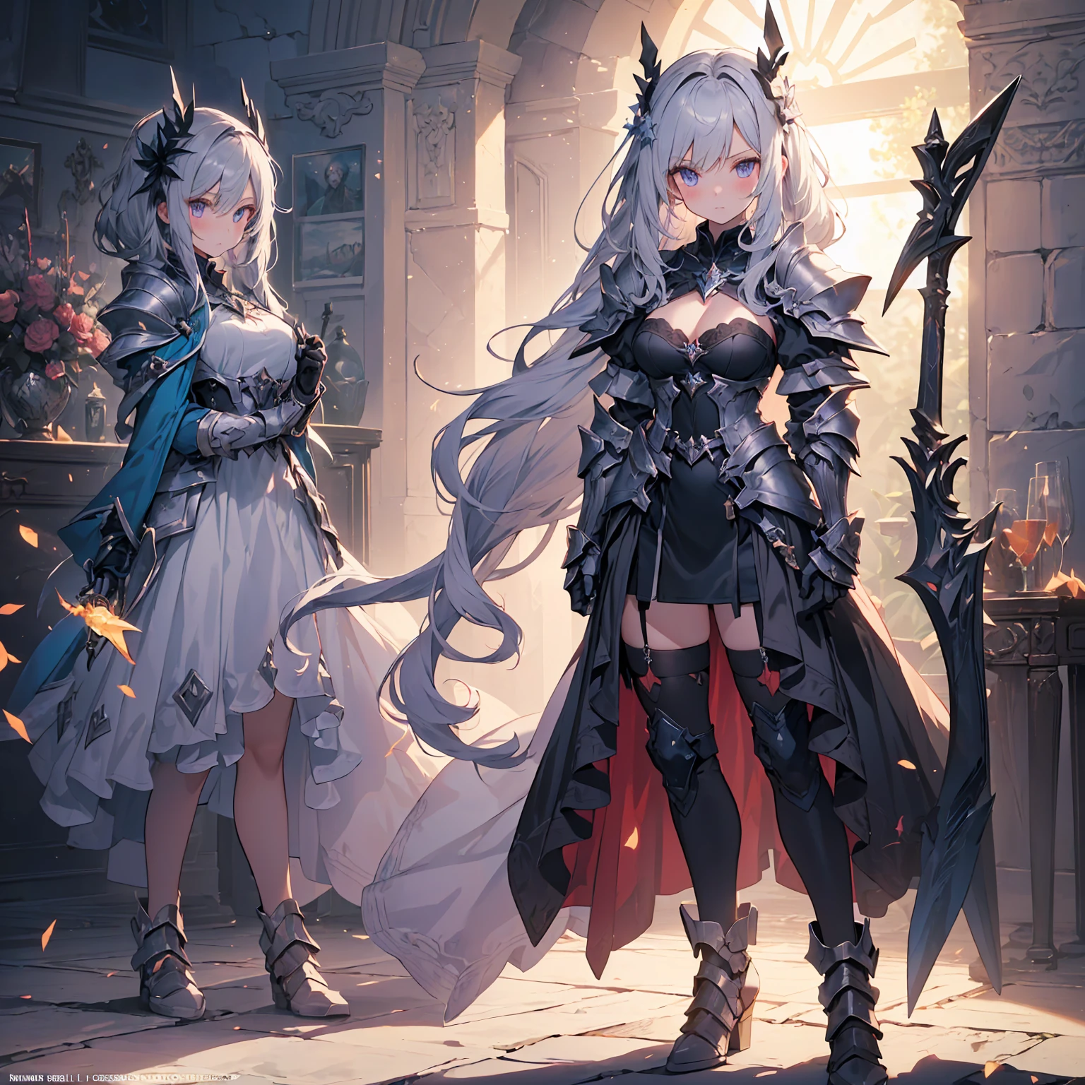 (((masterpiece, best quality, high detailed, 8k))) Design a layout showcase Gaming character, (1girl). Purple|Silver full body armor, stylish and unique. ((showcase weapon:1.4)), magical orb. (masterpiece:1.2), (best quality), 4k, ultra-detailed. (Step by step design, layout art:1.5), (luminous lighting, atmospheric lighting). sorceress, ((glove full hands)), (((revealing clothes:1.3))), vambraces, armored legwear, (((full_body_shot:1.4))). {In an enchanted castle}.