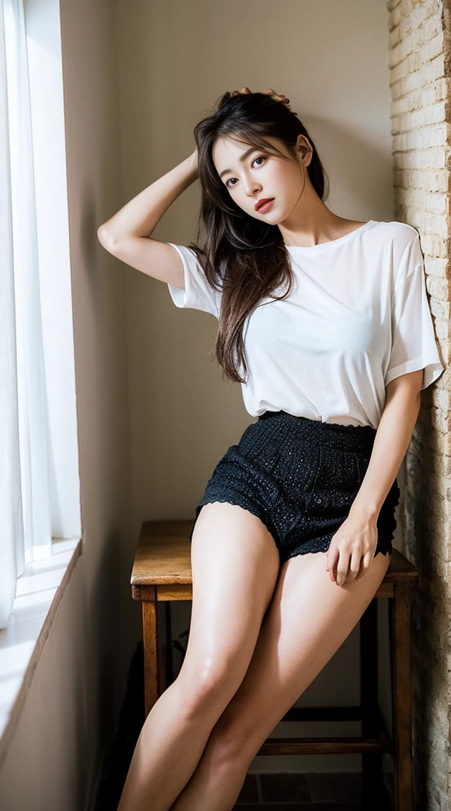 Sexy young girl, Brown Hair, black eye, Random color short skirt, A white shirt with a detailed design, Big Ass, Bend your body, Perfect cleavage、Intricately designed lingerie、nude , naked , Random pose、Active Angle、Random outfit、((Playboy model poses))、Shot from behind、mixed race with Japanese、