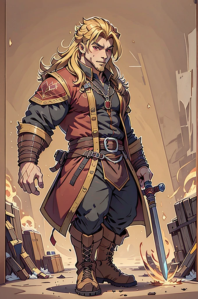 21:12:26 A handsome Galician boy with red eyes, long hair, full body view, wearing a black shirt, medieval clothes and leather boots, sword, blonde hair, yellow hair