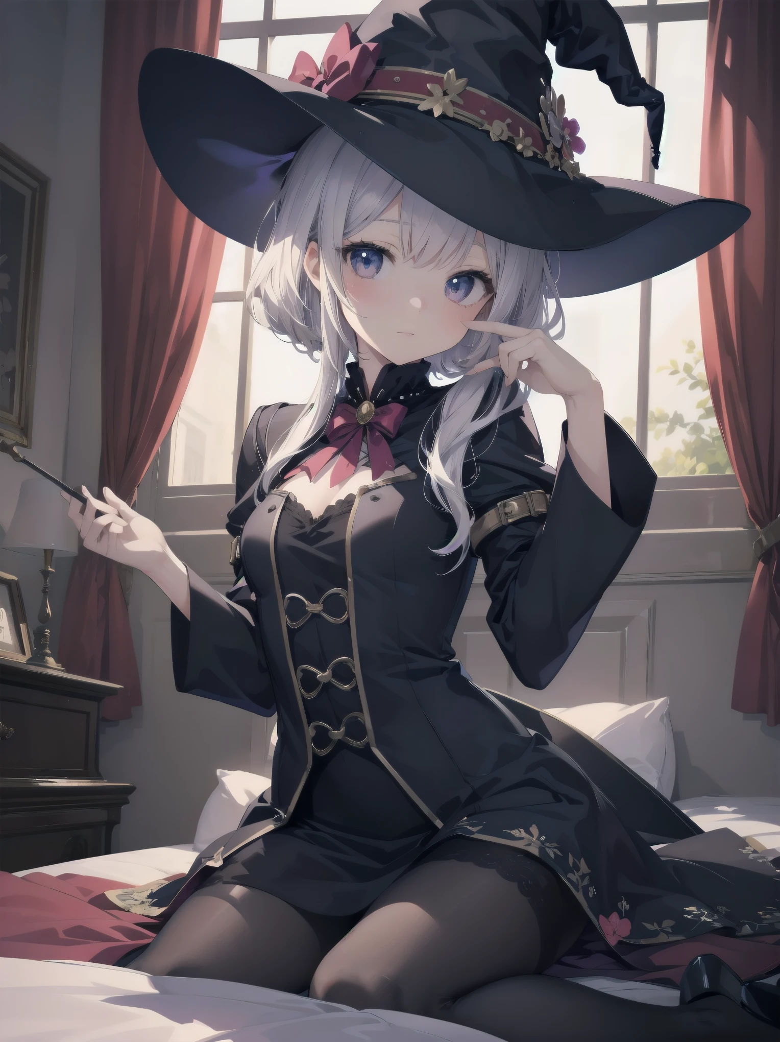 masterpiece, illustration, super detailed, kawaii, one girl, solo, witch in super cute pose, bed room, cowgirl shot ,sfw, Dynamic angle