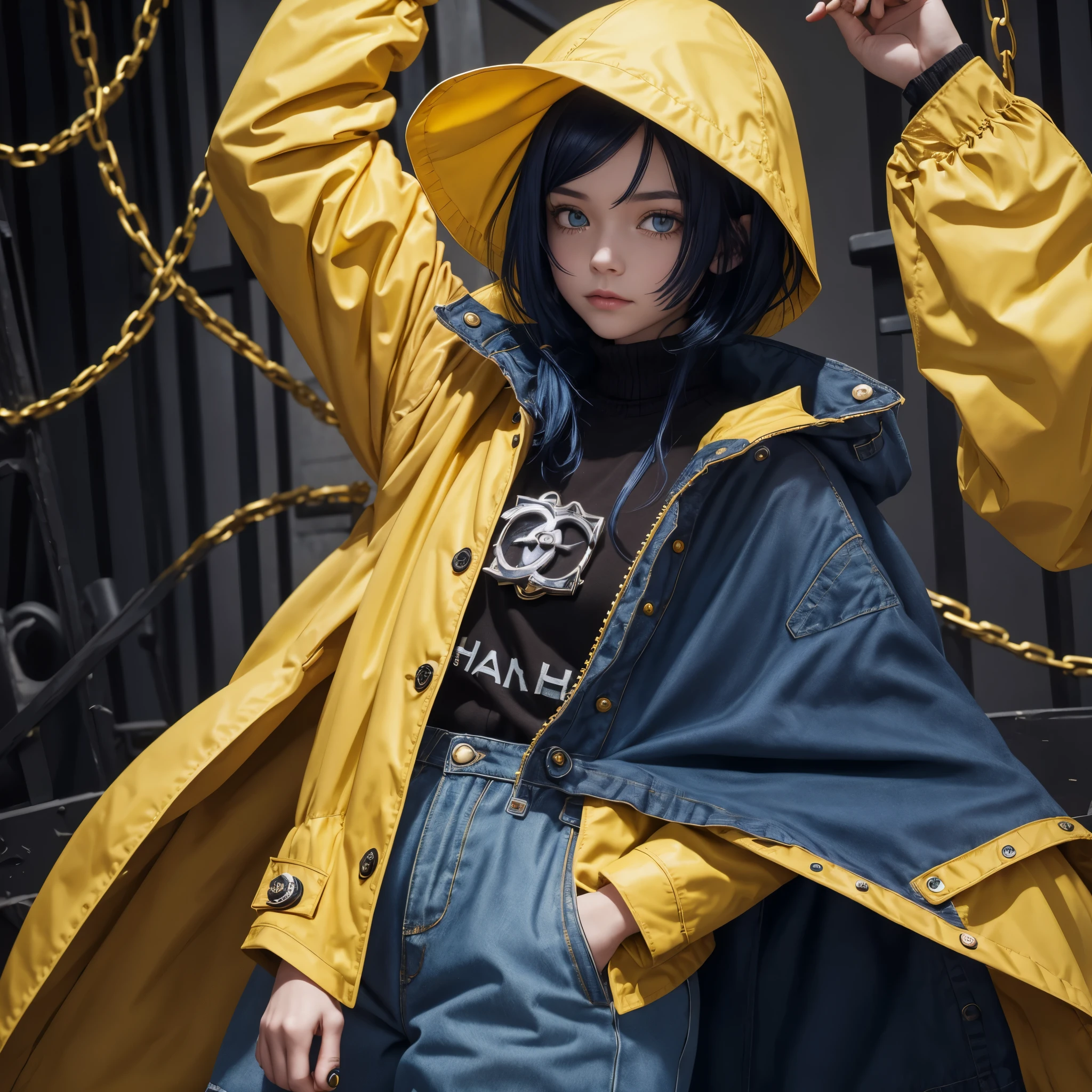 Coraline young girl, with dark BLUE hair with Chanel on her shoulders, fully YELLOW raincoat closed, WINE color pants, Caucasian skin, eyes browns, ((dark image)), 