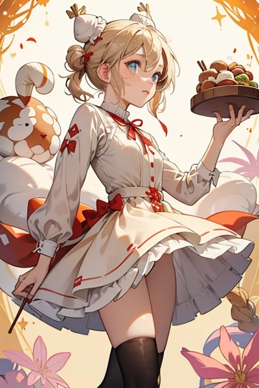 Bun Bun Sticky Icing is a fair-skinned girl with a row of freckles between her eyes. Her hair is a creamy-white color, resembling the color of icing on cinnamon buns. It is worn pulled back and straight down with a cinnamon bun hat worn on the left side of her head with a tiny red ribbon and tiny cinnamon sticks.
Bun Bun wears a cinnamon roll themed dress that is light brown-tan in color worn in a layered-format with each section having very thin strips of white. She also has pink knee length socks and red Mary-Jane shoes. SPARKLE; GLITTER;