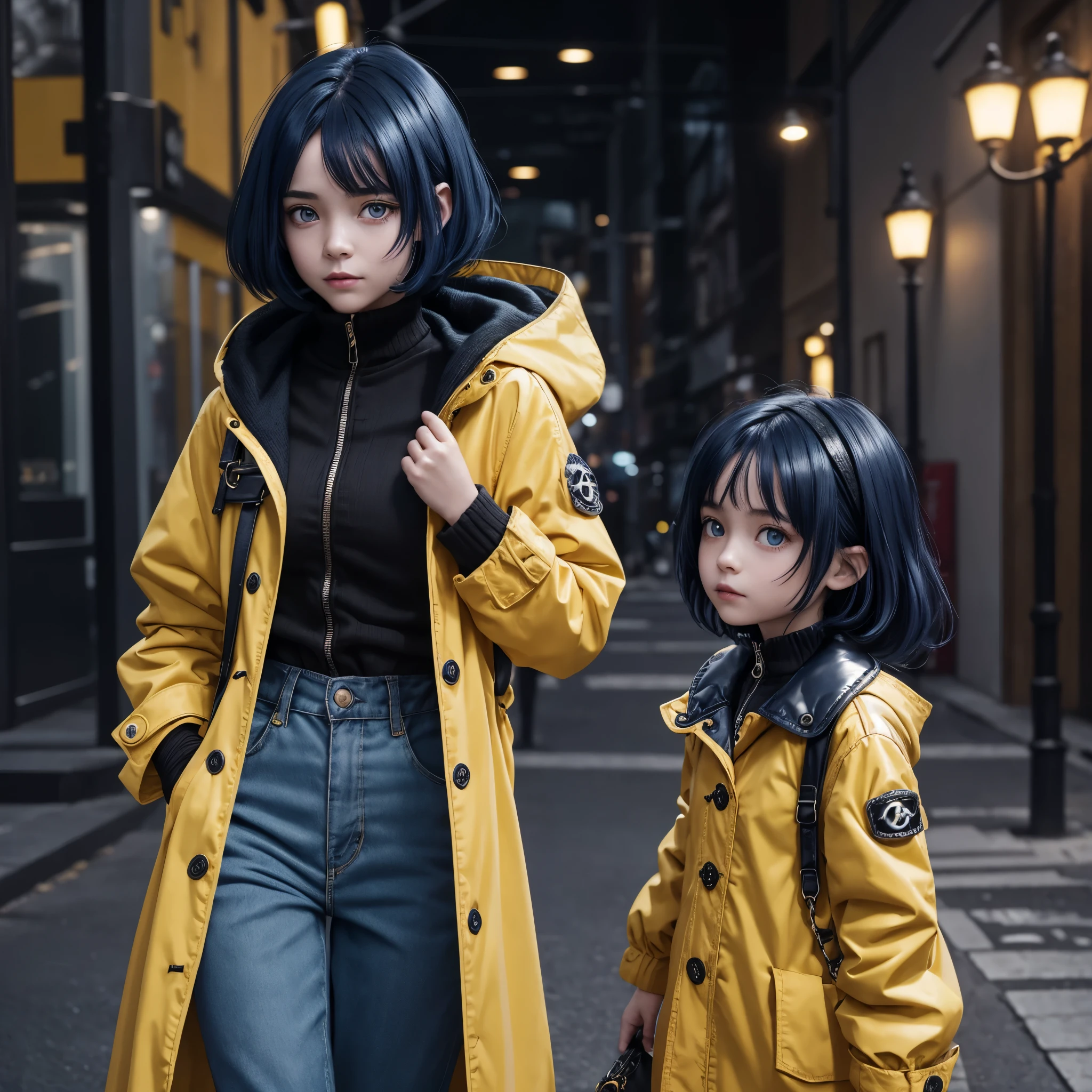 Coraline young girl, with dark BLUE hair with Chanel on her shoulders, fully YELLOW raincoat closed, WINE color pants, Caucasian skin, eyes browns, ((dark image)),