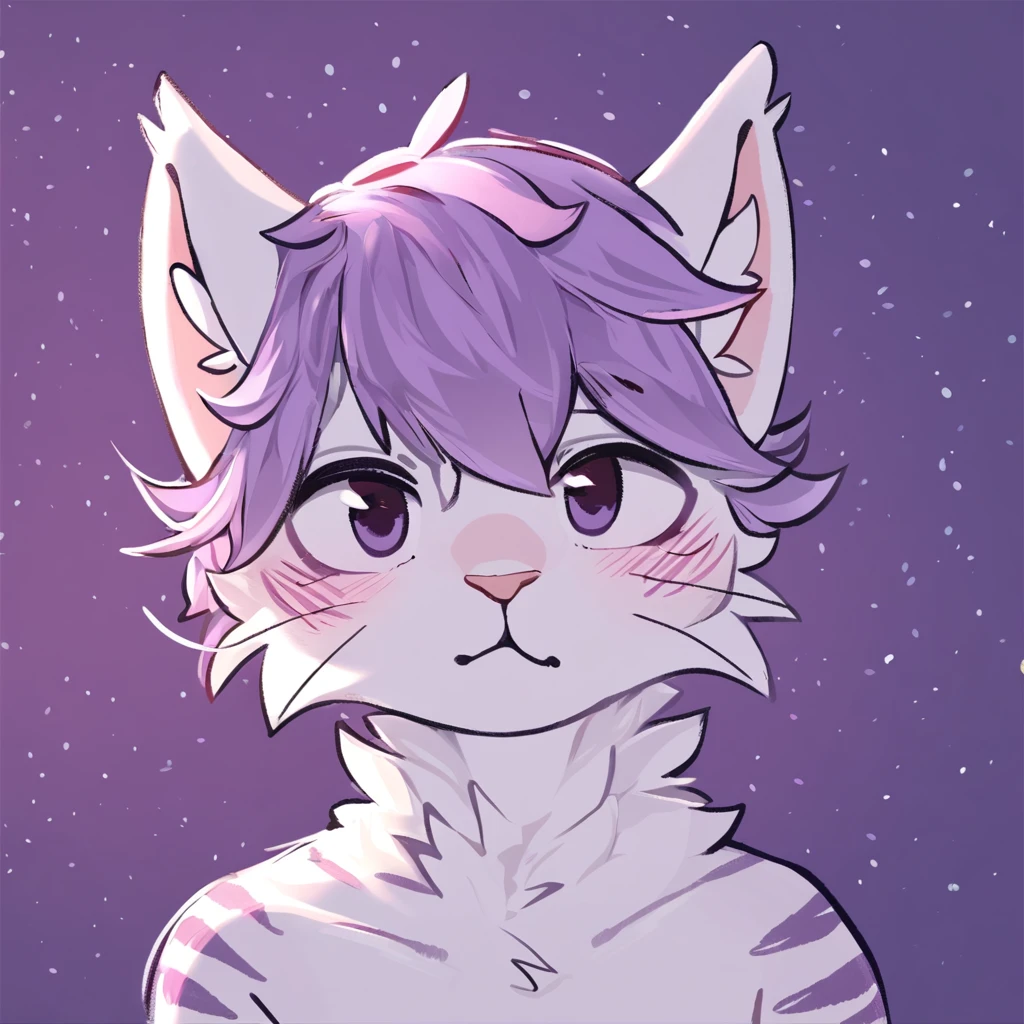 adult, feline, mammal, anthro, anthropomorphic, cat, striped, fur, striped_feline, fur, male, light_purple, purple_hair, fluffy, white, white_chest, shy, small_pupils, digital_art, high_resolution, high_res, hand-drawn, pencil_lines, head_visible, background, neck_visible, seductive_face, detailed_line_work, profile_picture, head_visible, neptune_background, purple_background, cute, white, posing, finger_paws, dream_pose, headshot, head_only, small_pupils, seducted_face
