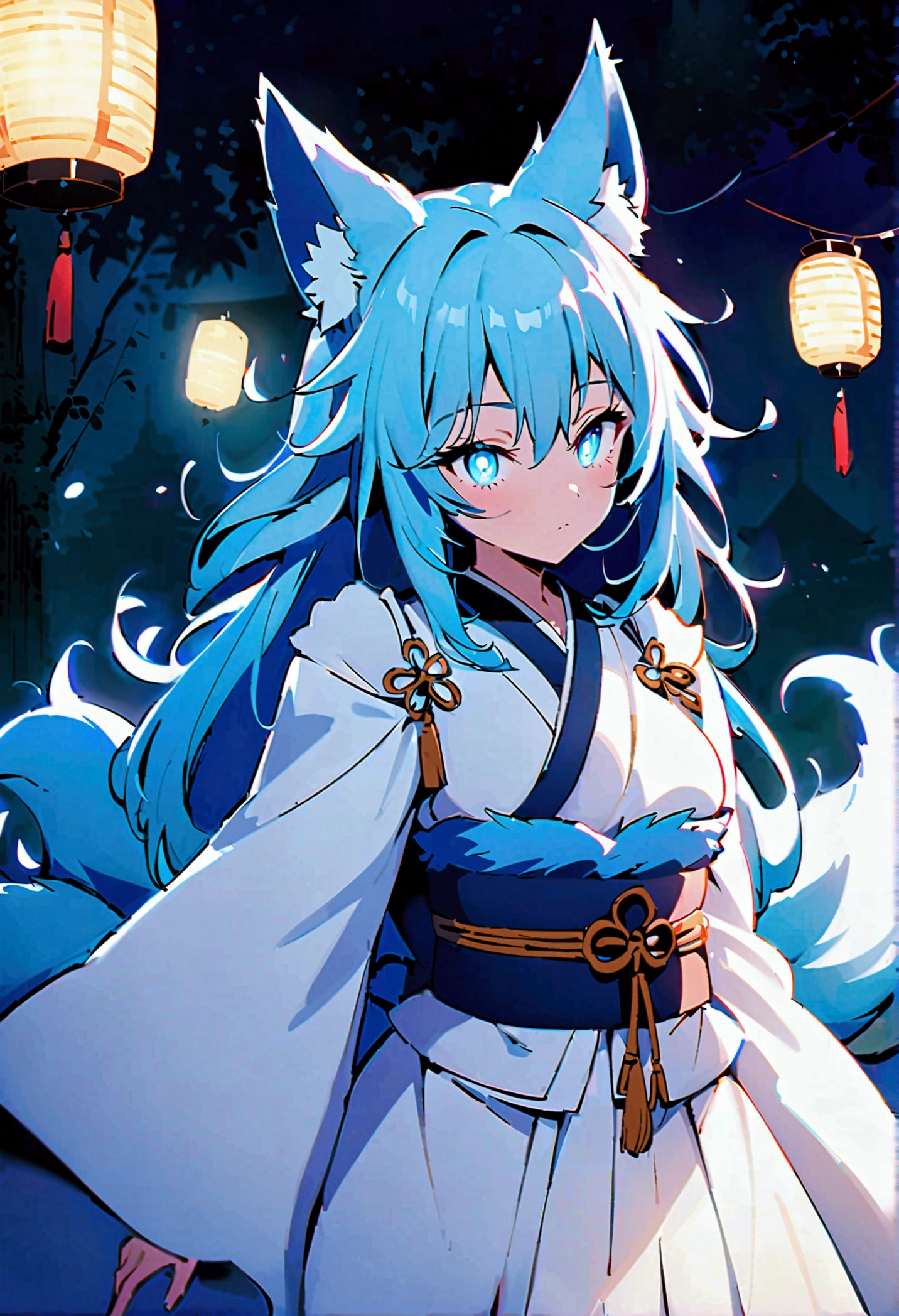 fox Light blue hair 　beast girl　indigo fur　fox beast girl　fox Light blue hair 　beast girl　indigo fur　fox beast girl　Wallpaper 4k,8k,highly detailled,,vivid colors,detailed kitsune with 9 tails,traditional Japanese artwork,tatami floor,beautiful cherry blossoms,floating lanterns,dark silhouette of a pagoda,subtle moonlight,dense forest,ethereal atmosphere,dappled sunlight,whimsical spirit,serene expression,elaborate kimono and obi,delicate hand-painted details,luminous eyes　Anime Style　fox　blue　White-faced golden-haired nine-tailed fox　Coat blue　　fox Light blue hair 　beast girl　indigo fur　fox beast girl　Anime Style　fox　blue　White-faced golden-haired nine-tailed fox　Coat blue　　　mysterious background　Blue Flame　girl　have a ball of light　fox Light blue hair 　beast girl　indigo fur　fox beast girl　mysterious background　Blue Flame　girl　have a ball of light Anime Style　fox　blue　White-faced golden-haired nine-tailed fox　Coat blue　　　mysterious background　Blue Flame　girl　have a ball of light