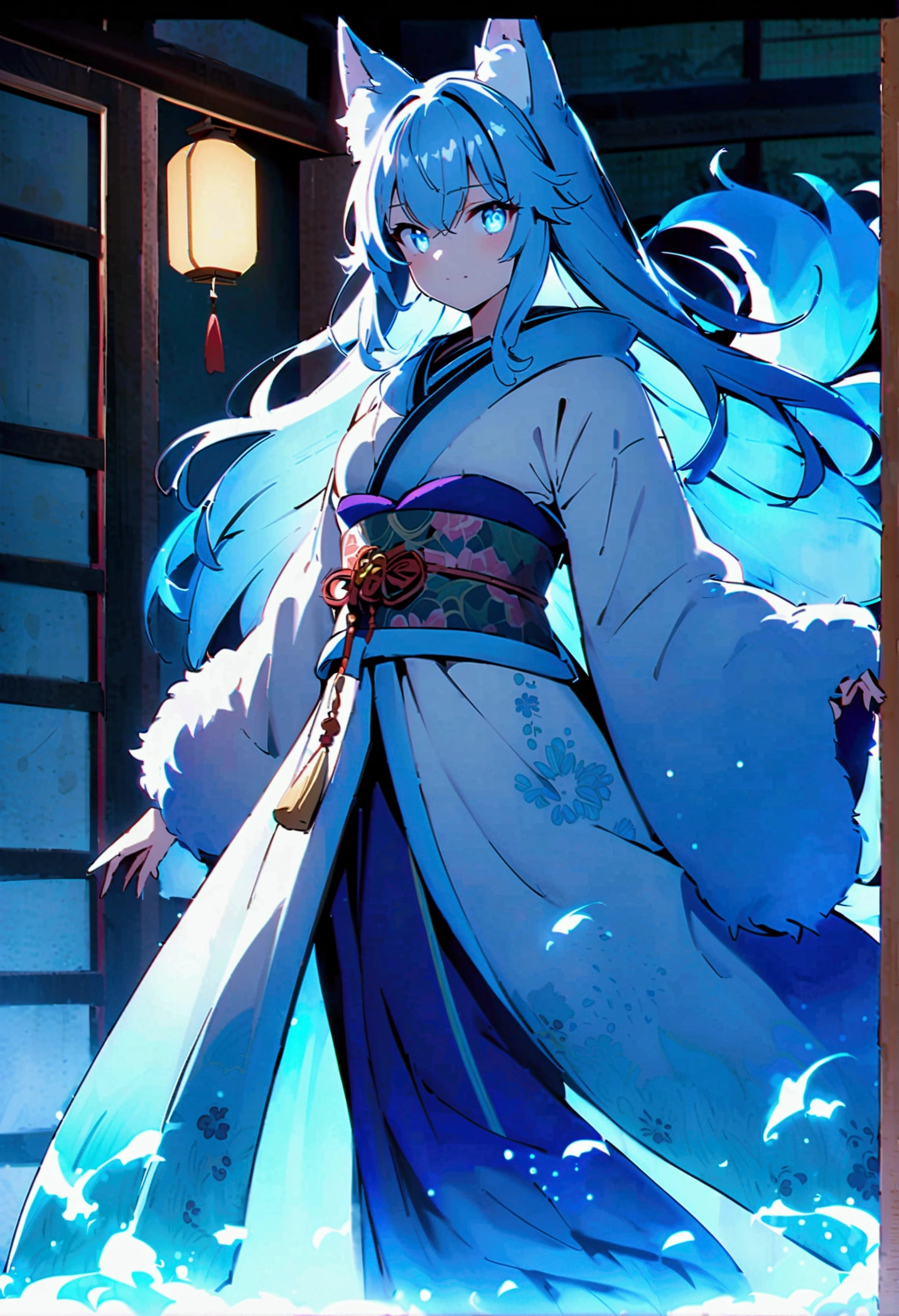 fox Light blue hair 　beast girl　indigo fur　fox beast girl　fox Light blue hair 　beast girl　indigo fur　fox beast girl　Wallpaper 4k,8k,highly detailled,,vivid colors,detailed kitsune with 9 tails,traditional Japanese artwork,tatami floor,beautiful cherry blossoms,floating lanterns,dark silhouette of a pagoda,subtle moonlight,dense forest,ethereal atmosphere,dappled sunlight,whimsical spirit,serene expression,elaborate kimono and obi,delicate hand-painted details,luminous eyes　Anime Style　fox　blue　White-faced golden-haired nine-tailed fox　Coat blue　　fox Light blue hair 　beast girl　indigo fur　fox beast girl　Anime Style　fox　blue　White-faced golden-haired nine-tailed fox　Coat blue　　　mysterious background　Blue Flame　girl　have a ball of light　fox Light blue hair 　beast girl　indigo fur　fox beast girl　mysterious background　Blue Flame　girl　have a ball of light Anime Style　fox　blue　White-faced golden-haired nine-tailed fox　Coat blue　　　mysterious background　Blue Flame　girl　have a ball of light