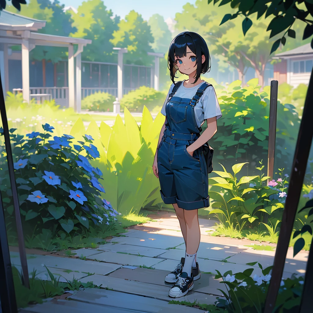 (high quality, High resolution, Very detailed, reality:1.37), Peaceful atmosphere, (Outdoor, garden), Teenage girl standing alone, (my breasts are big.), Beautiful details, Cute Smile, (Black bob hair), Short sleeve shirt, Overalls, Blue socks, sneakers.