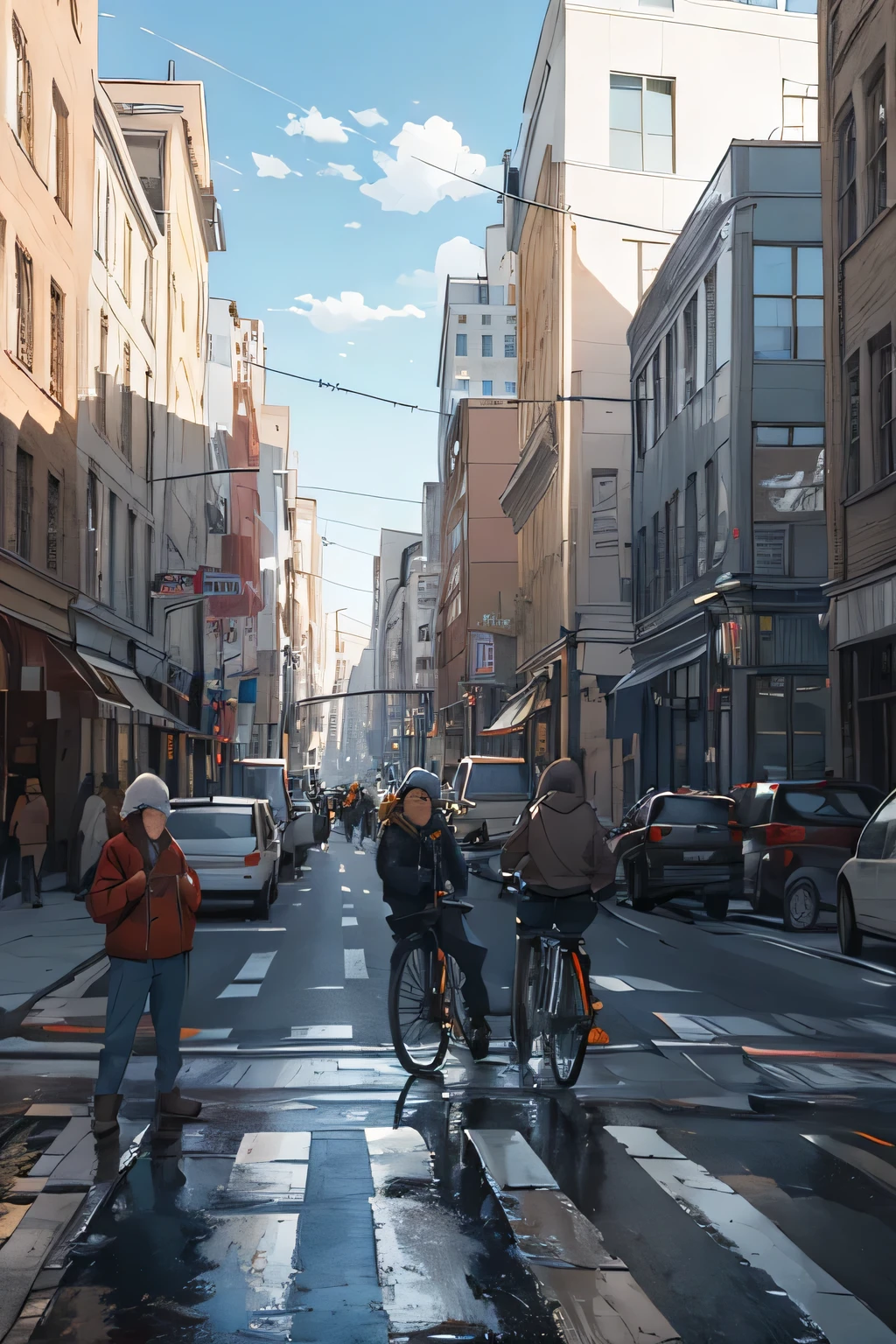 ((best quality)), ((masterpiece)), (detailed), Busy street intersection with pedestrians and bicyclists on the road, and a traffic cone. Brick buildings in the background with some cars parked on the street side